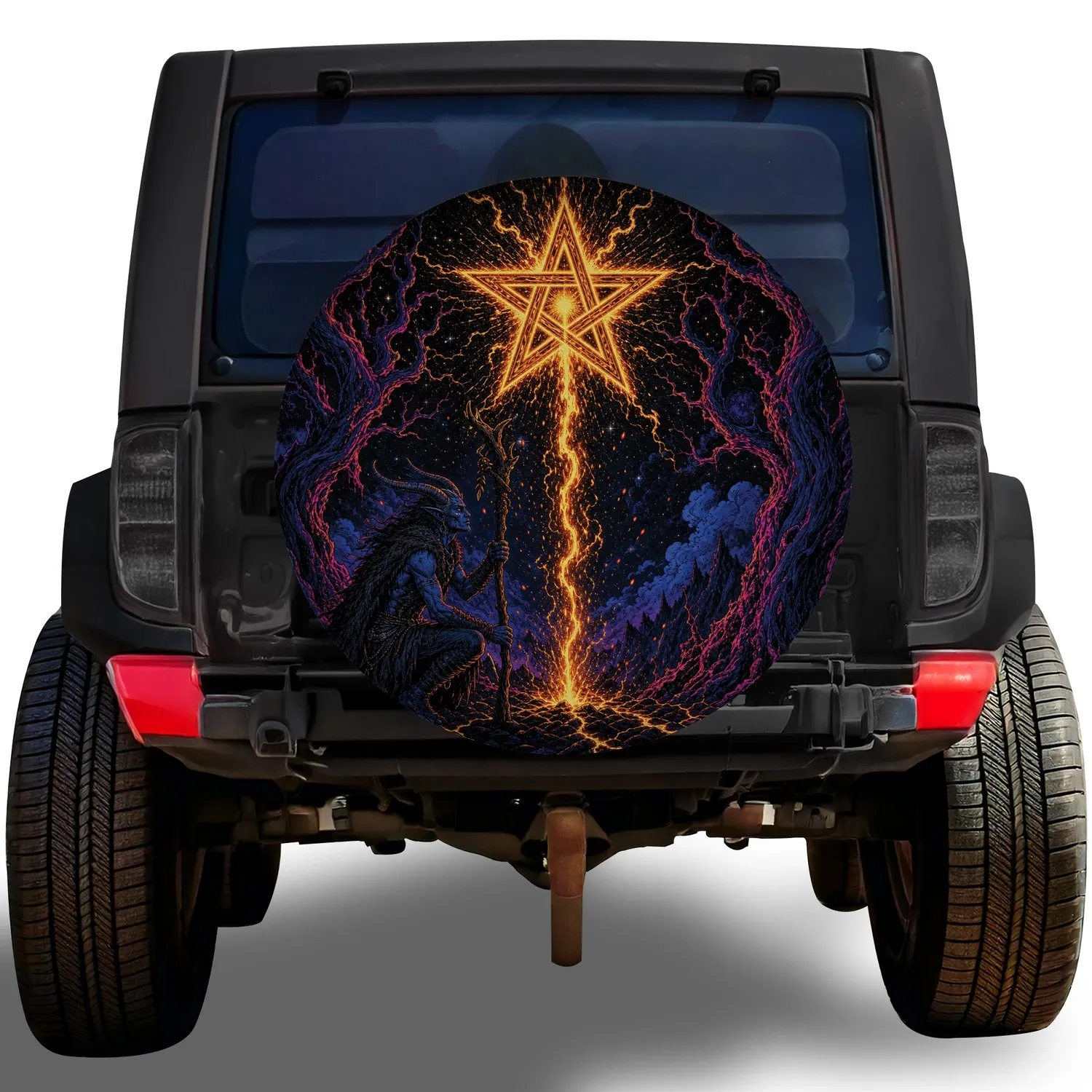 Horned Blue Wanderer Beneath Mystic Star For Gothic Overland Adventure Travelers Spare Tire Cover - 1