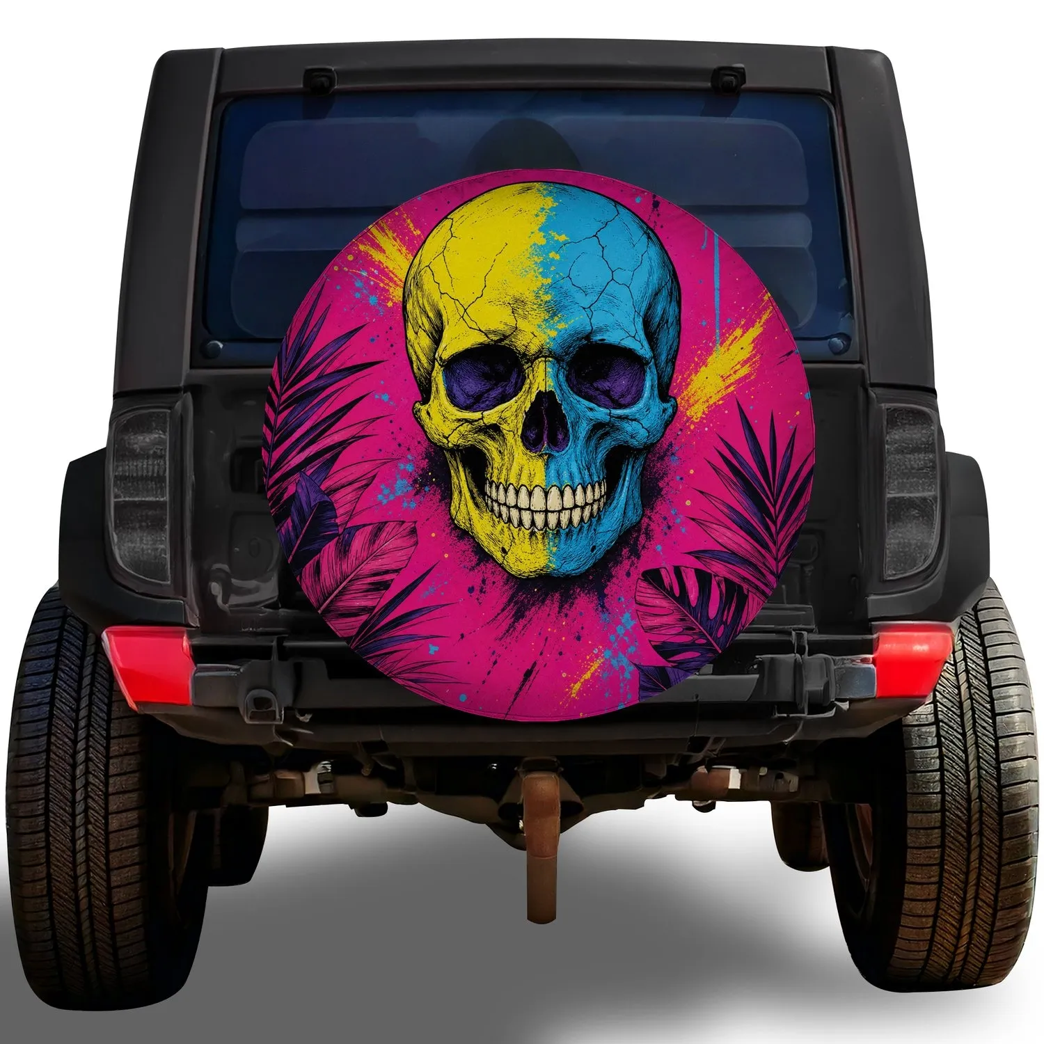 Neon Skull And Tropical Leaves Punk Style For Jeep Off Road Adventure Enthusiasts Spare Tire Cover - 1
