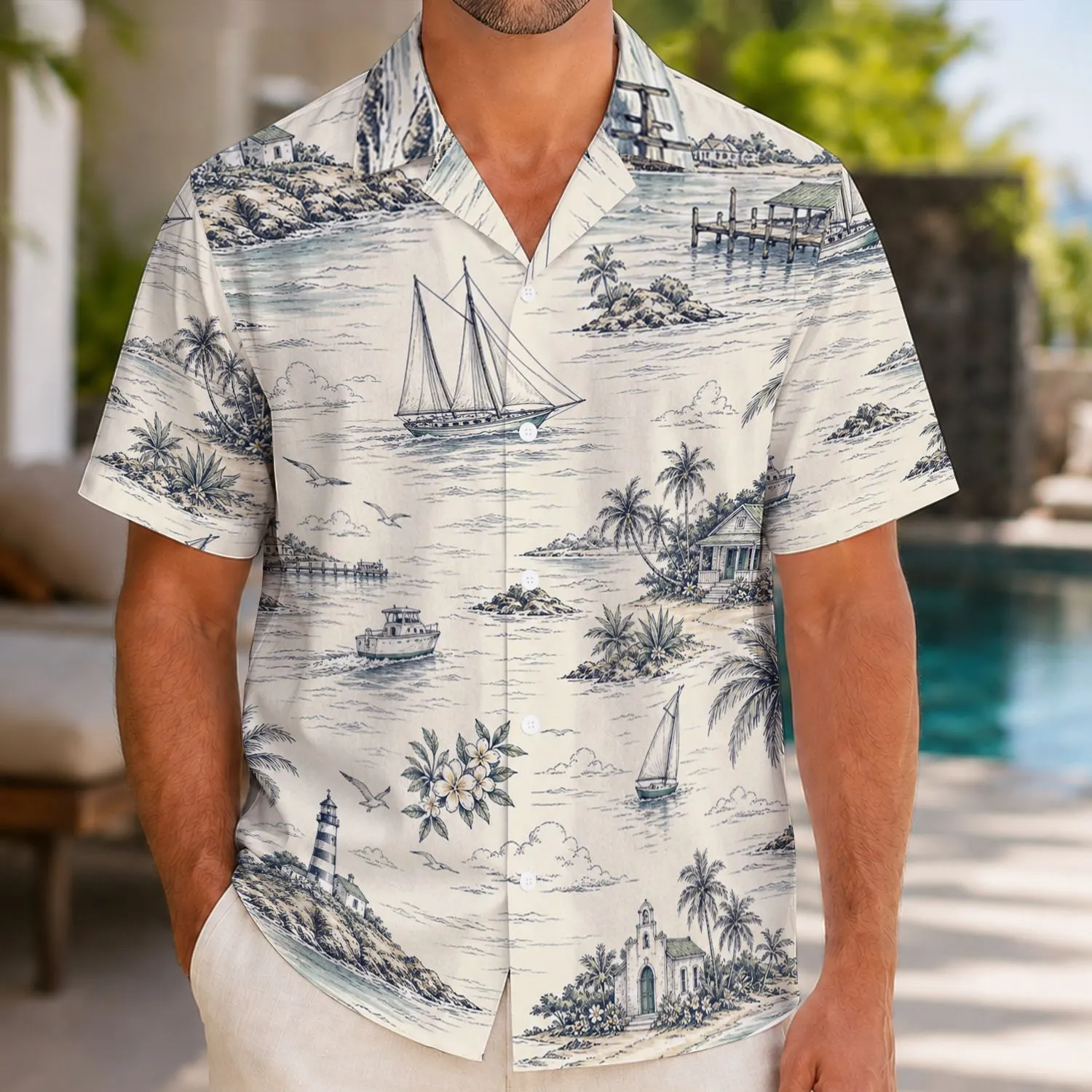Coastal Sailboats Lighthouse And Palm Cottage For Resort Travel And Beach Golf Days Hawaiian Shirt - 1