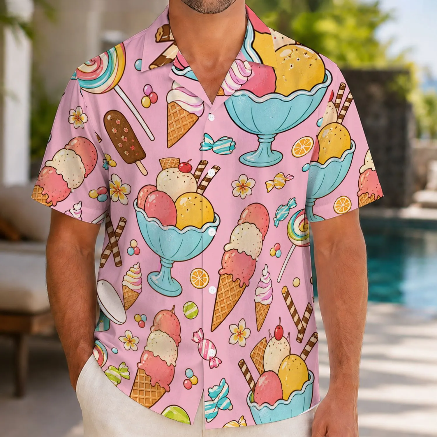 Colorful Ice Cream Sundae And Cone Dessert Motif For Summer Beach Resort Vacation Wear Hawaiian Shirt - 1