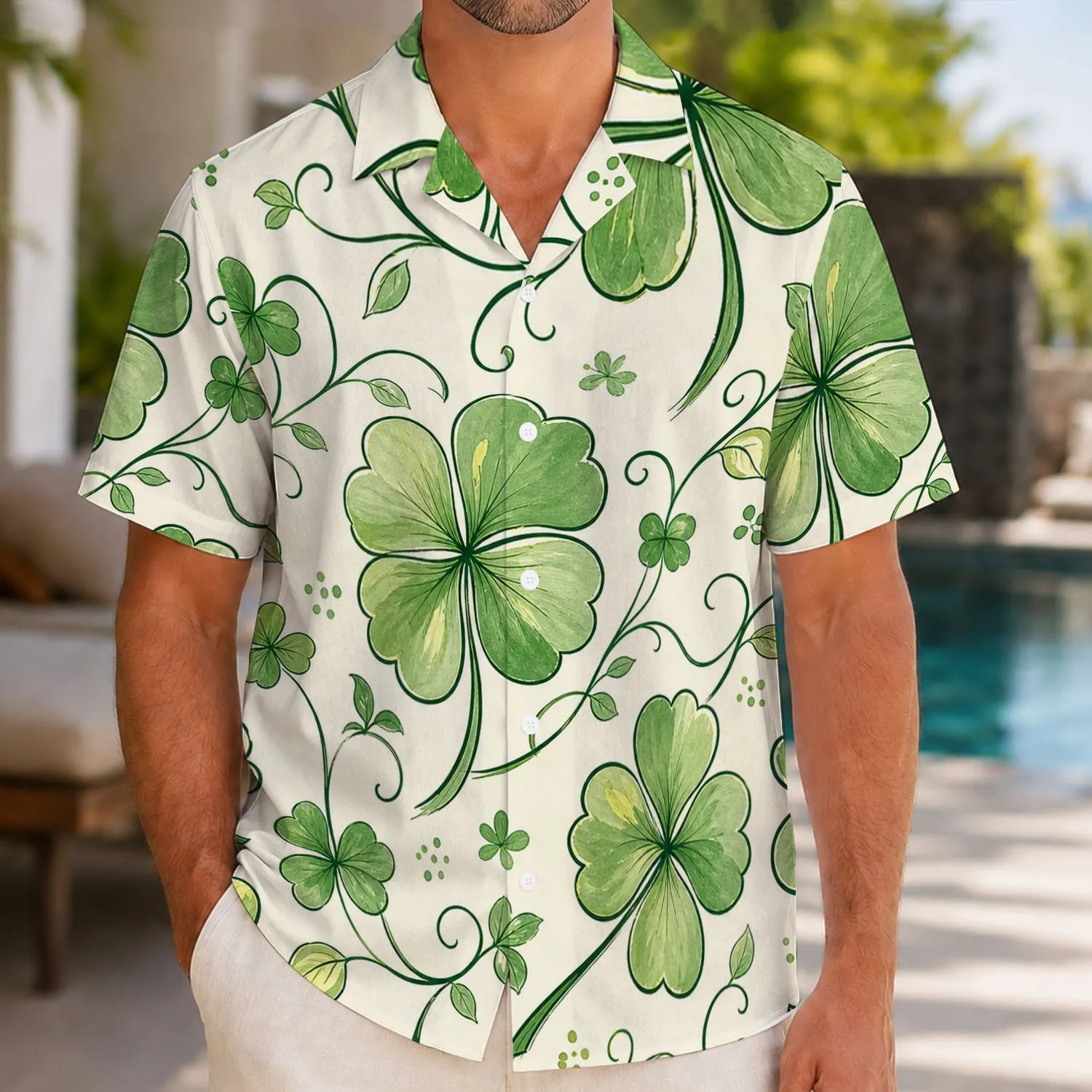 Four-Leaf Clover Botanical Aloha Resort Vacation Style for Men and Travelers Hawaiian Shirt - 1
