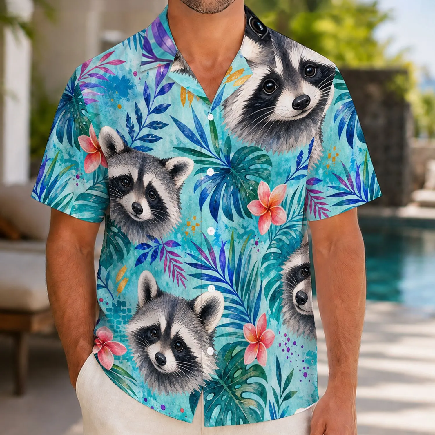 Watercolor Tropical Raccoon Faces And Monstera For Beach Vacations And Resort Getaways Hawaiian Shirt - 1