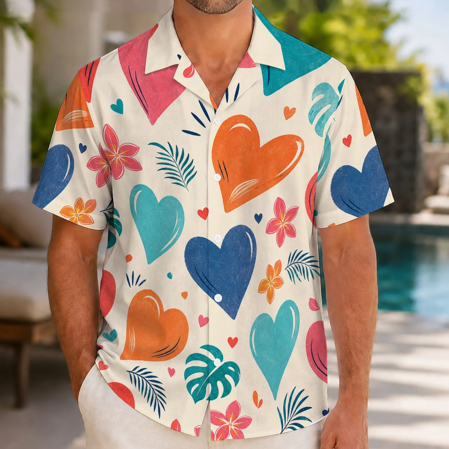 Tropical Heart And Plumeria Motifs For Beach Dates And Romantic Vacation Style Wear Hawaiian Shirt - 1