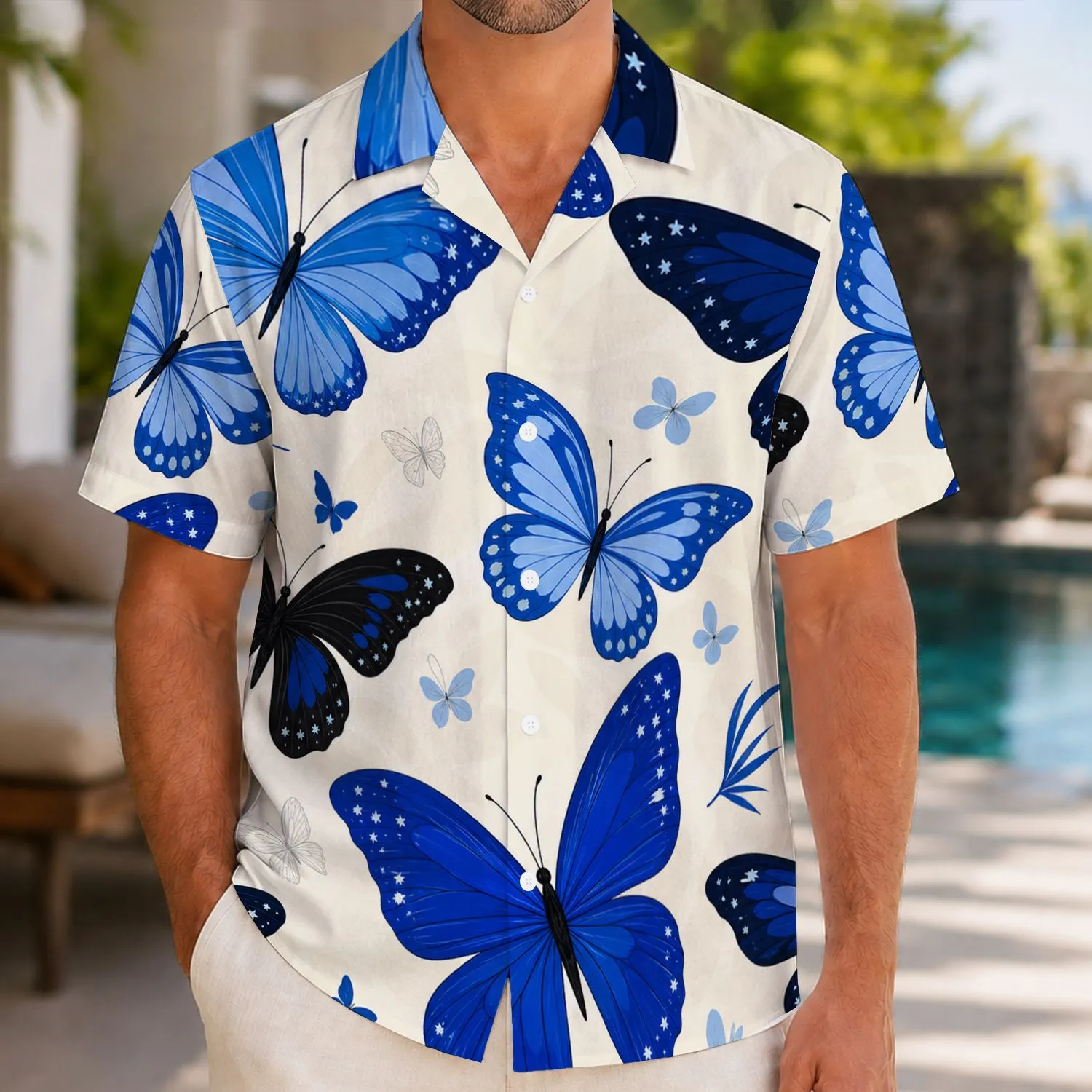 Blue Black Tropical Butterflies For Resort Travel, Beach Parties And Summer Getaways Hawaiian Shirt - 1
