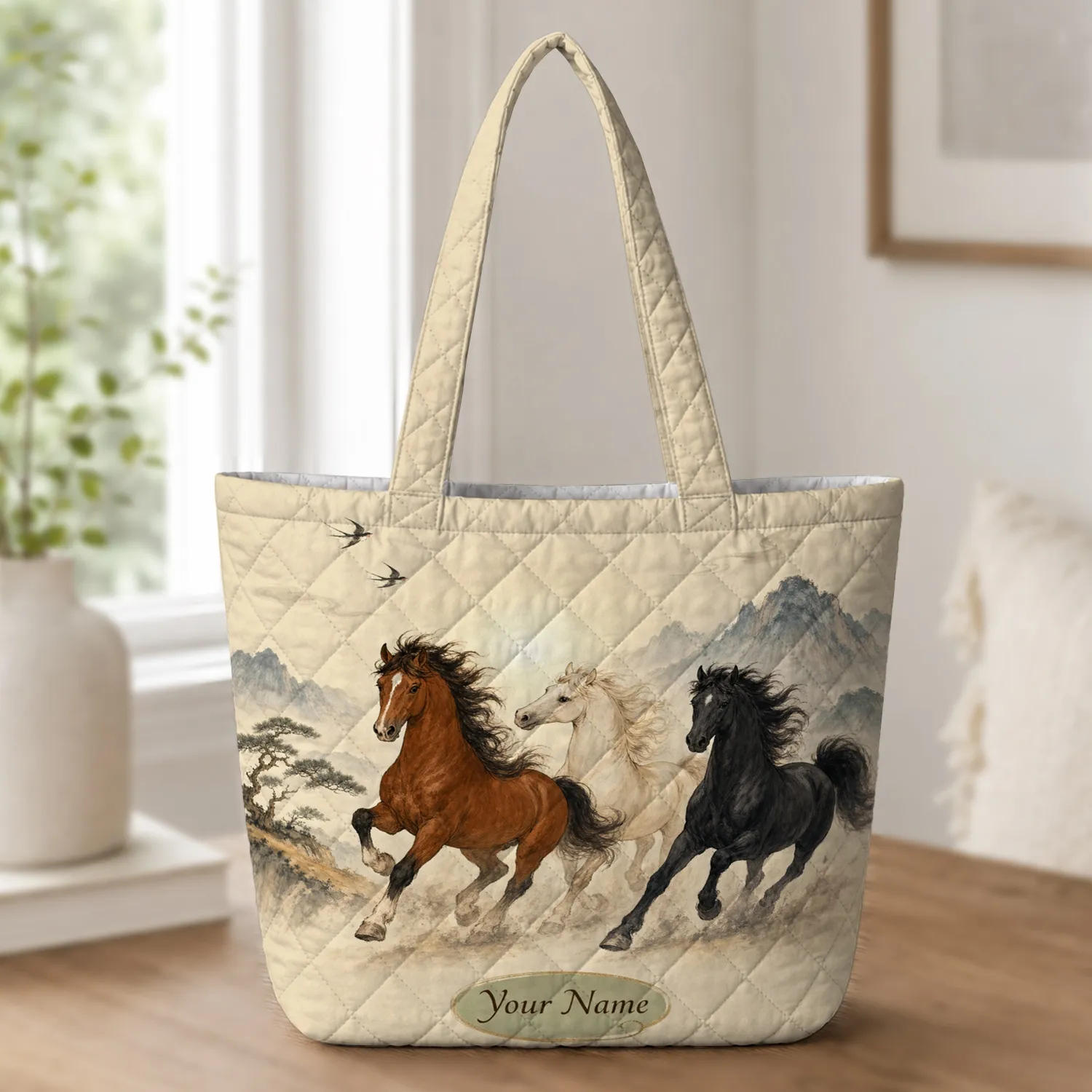 Galloping Horses Ink Wash Travel Companion For Equestrian Lovers And Daily Errands Quilted Tote Bag - 1