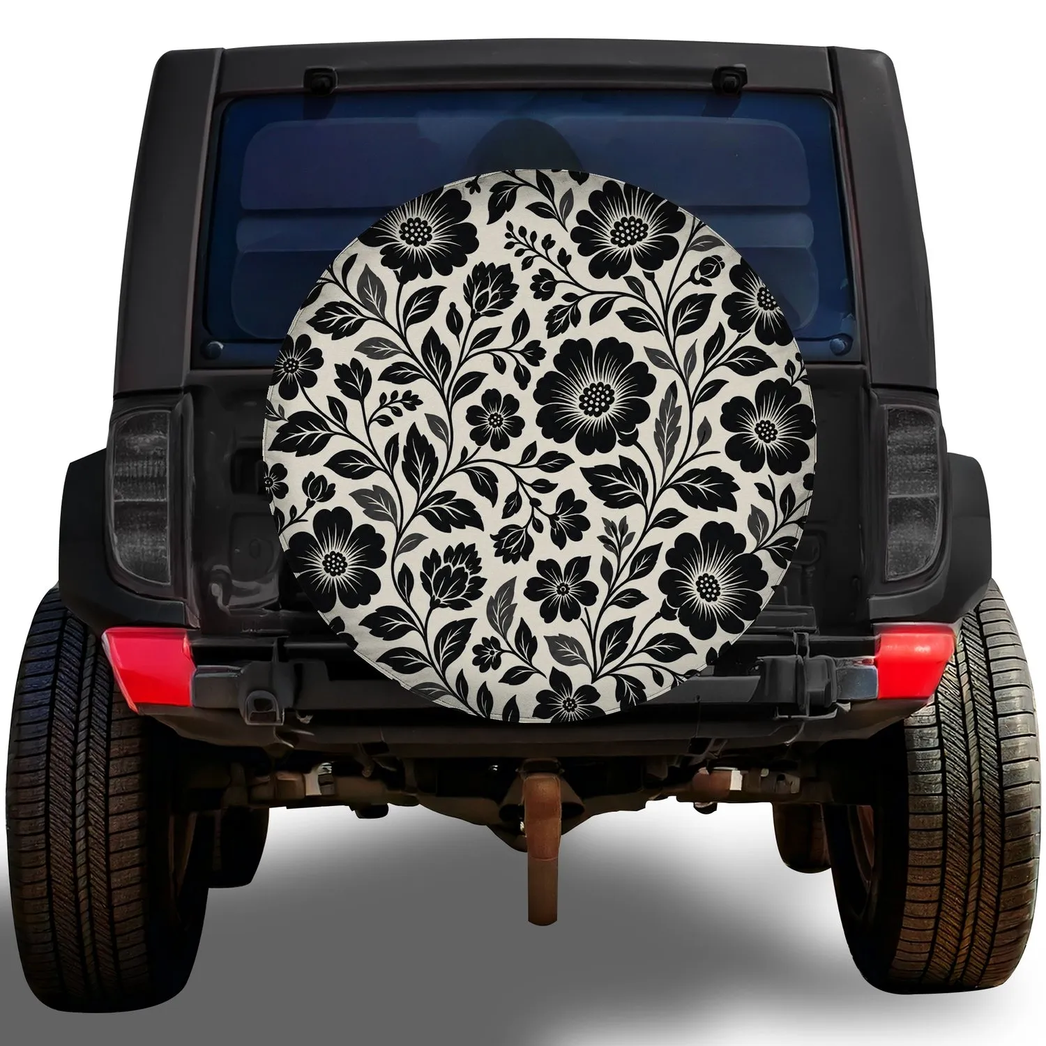 Black Ivory Folk Floral Botanical For Vintage RV Camping, Trailer And SUV Travel Style Spare Tire Cover - 1