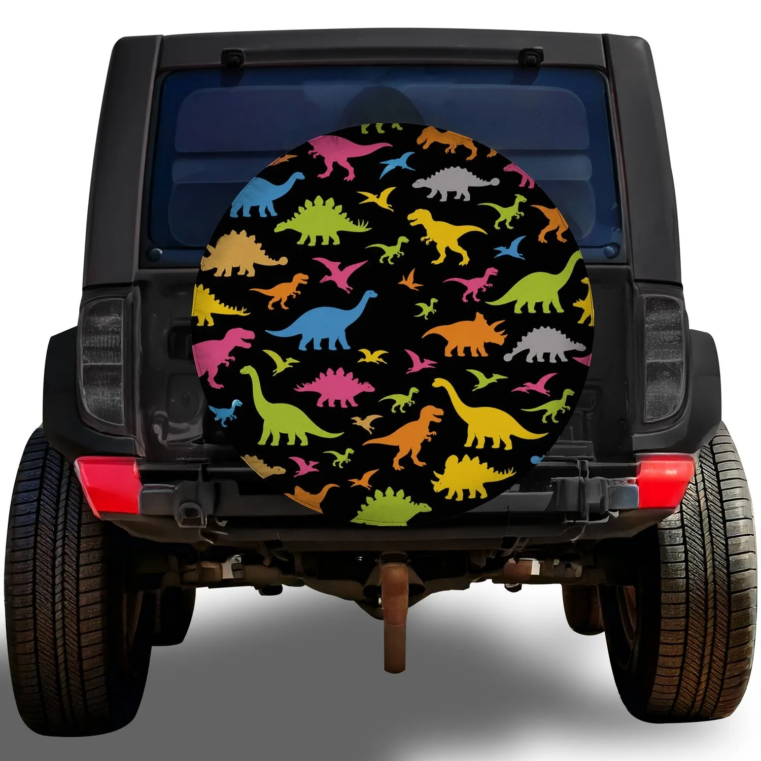 Colorful Dinosaur Silhouettes For Jeep RV Camping Adventures And Prehistoric Fans Spare Tire Cover - 1