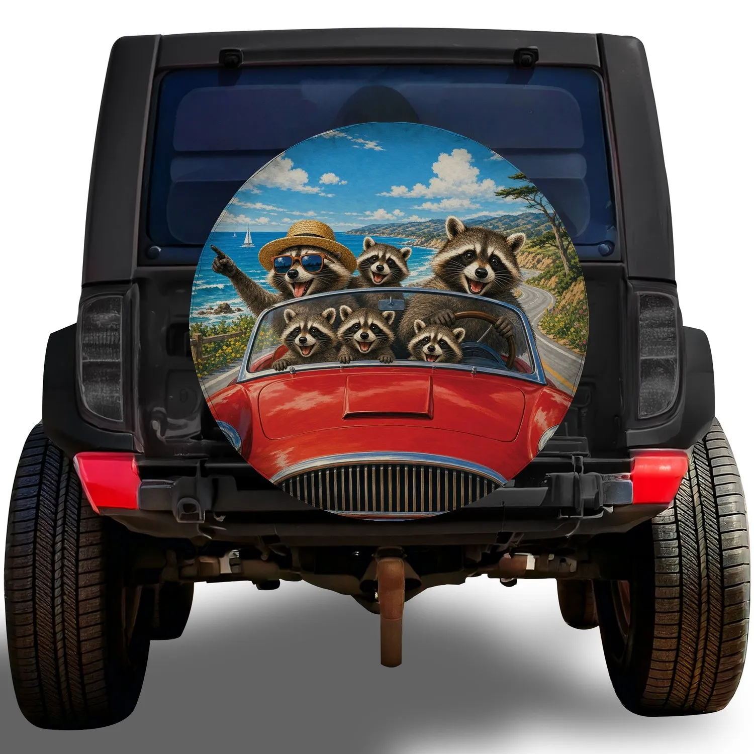 Vintage Happy Raccoon Family In Red Roadster For Coastal Road Trip Adventure Lovers Spare Tire Cover - 1