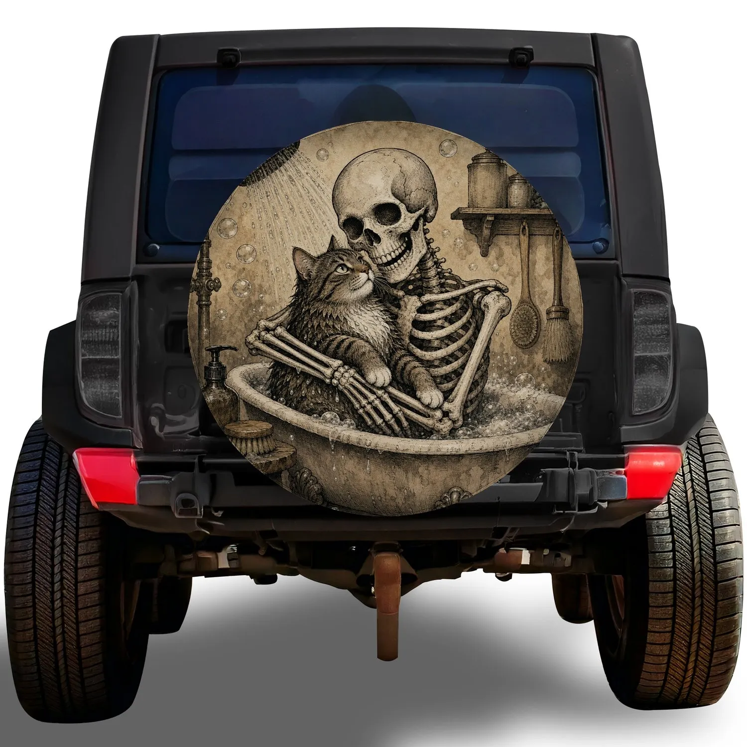 Vintage Skeleton And Tabby Cat Bath Scene For Gothic Camping Halloween Road Trips Spare Tire Cover - 1