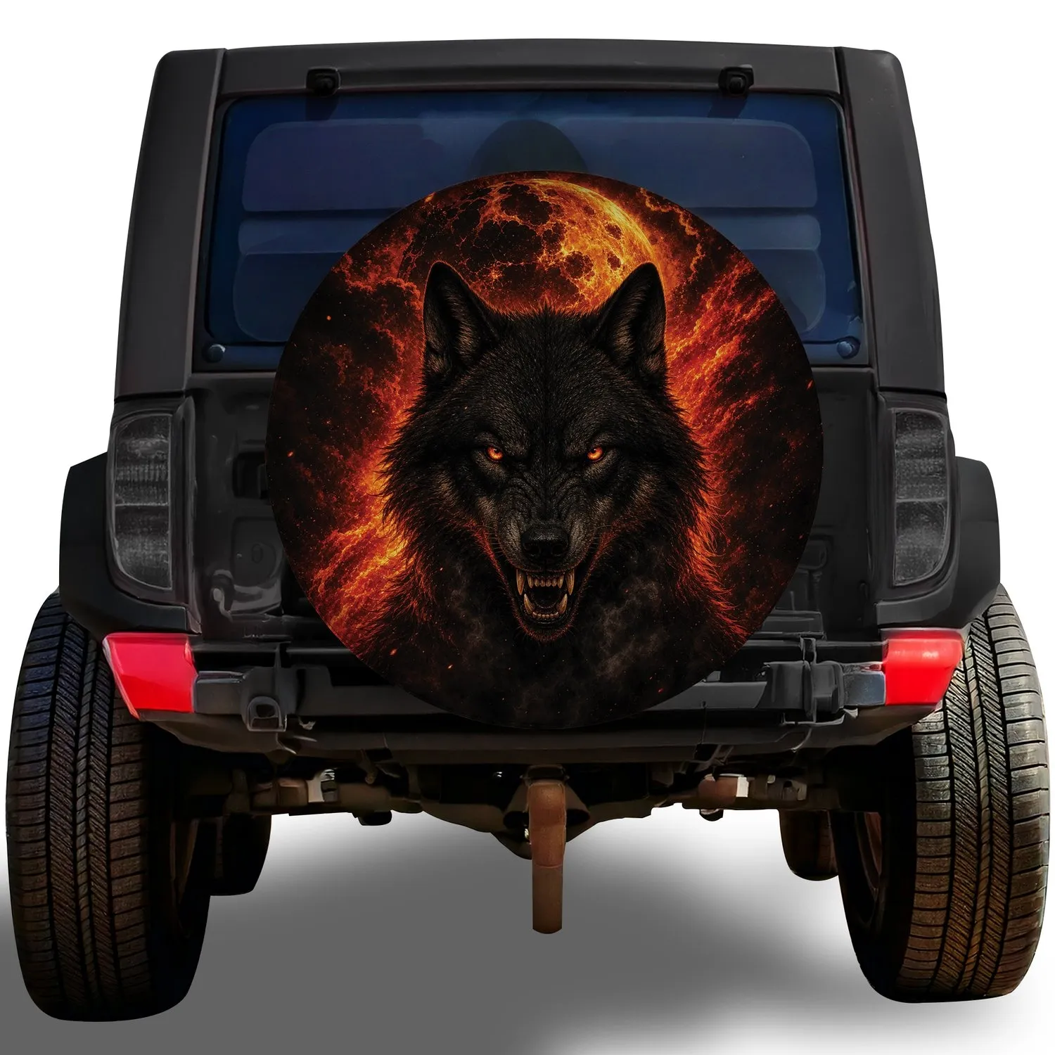 Fiery Snarling Black Wolf Moon Art For Outdoor Off Road RV SUV Truck Enthusiasts Spare Tire Cover - 1