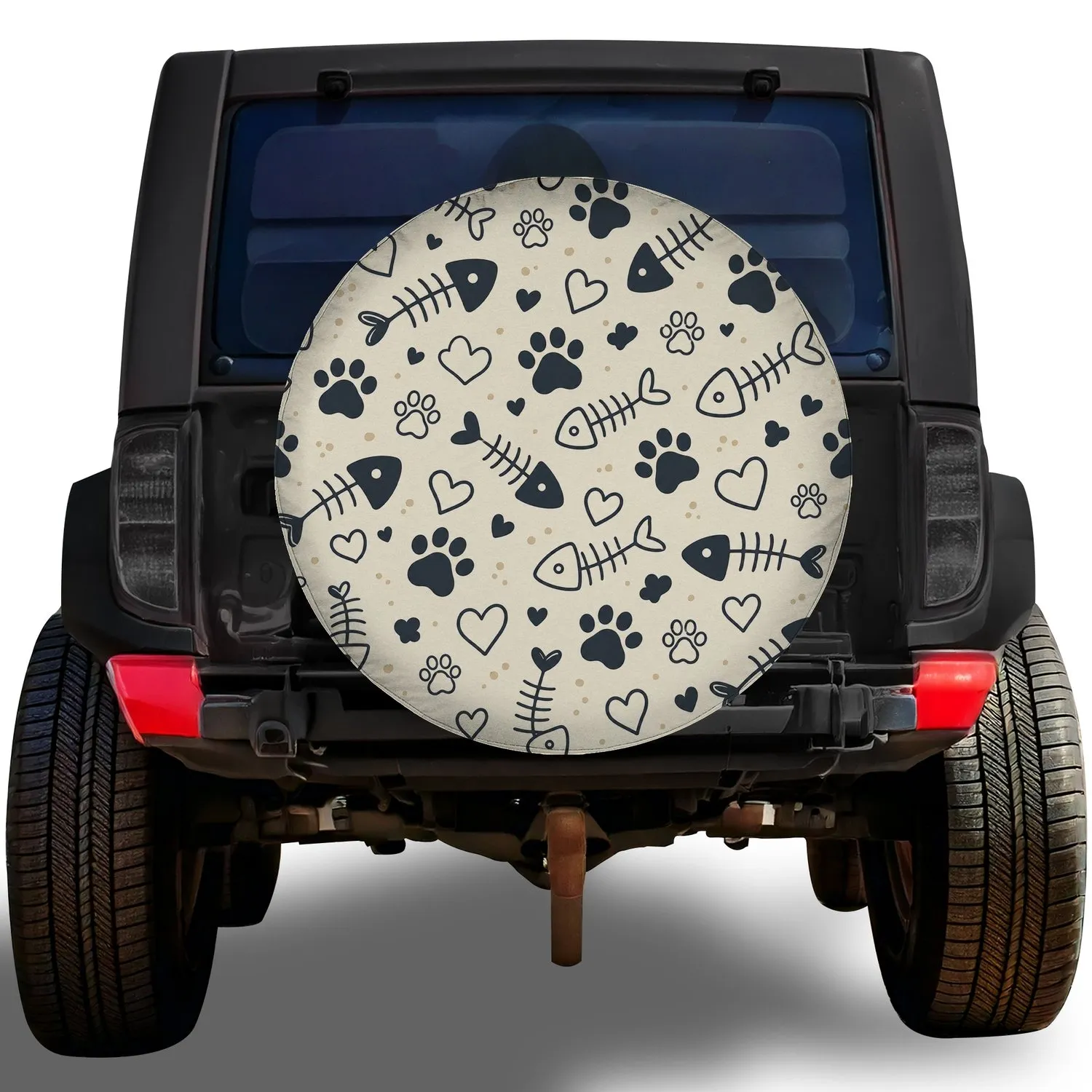 Playful Cat Paws Hearts And Fish Skeletons For Pet Lovers Road Trip SUV Camping Travel Spare Tire Cover - 1