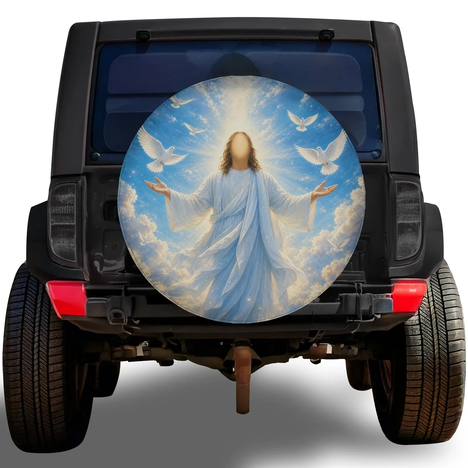Jesus With Doves Heavenly Sky Faith Road Trip Gift For Christian Truck And SUV Owners Spare Tire Cover - 1