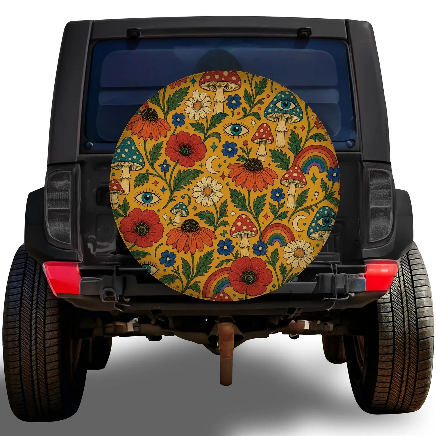 Psychedelic Floral Mushroom Eyes For Boho Road Trips, RV Campers And Retro Nature Fans Spare Tire Cover - 1