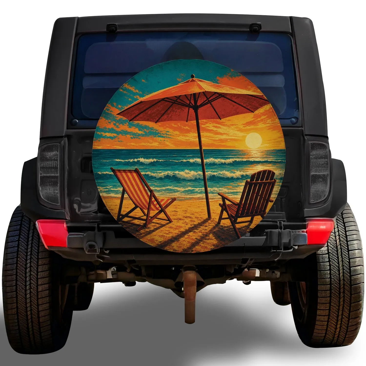 Beach Umbrella Sunset Ocean Scene For Coastal Camping And RV Travel Enthusiasts Spare Tire Cover - 1