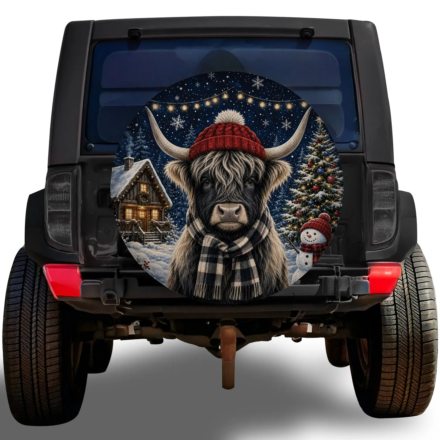 Highland Cow Christmas Village Winter Holiday Decor For RV Campers And Country Fans Spare Tire Cover - 1