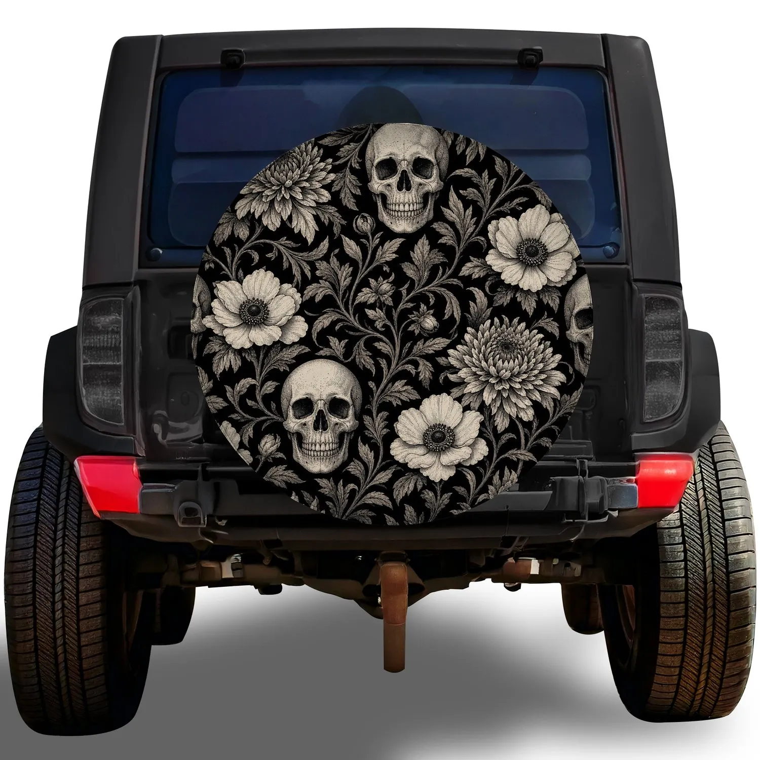 Ivory Skull And Wildflower Gothic Botanical For Halloween Hearse Road Trip Style Spare Tire Cover - 1