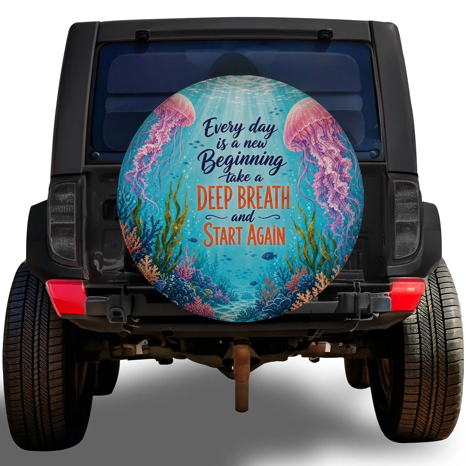 Jellyfish Ocean Deep Breath Inspirational Quote for RV Camping And Road Trip Lovers Spare Tire Cover - 1