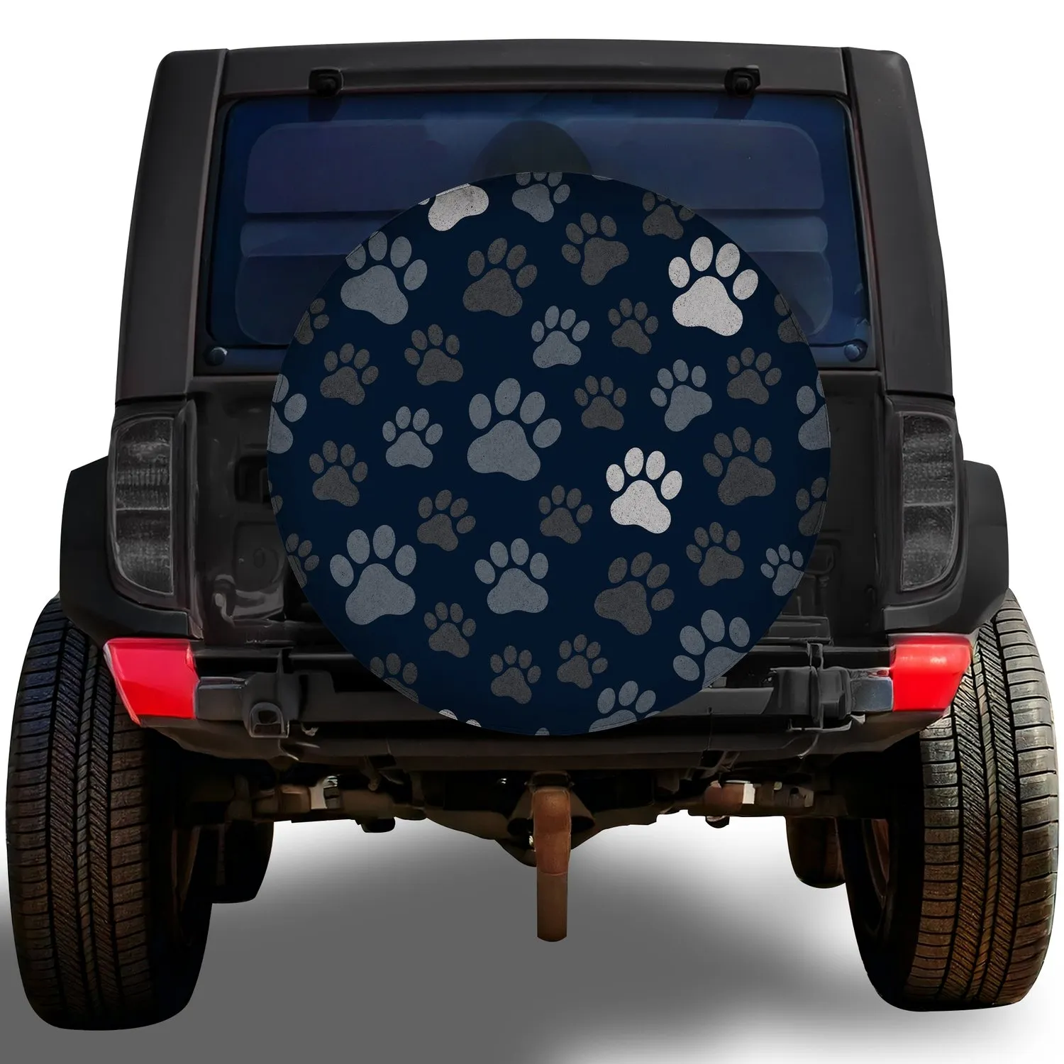 Navy And Silver Paw Tracks For Outdoor Road Trips, Camping, And Dog Loving Drivers Spare Tire Cover - 1