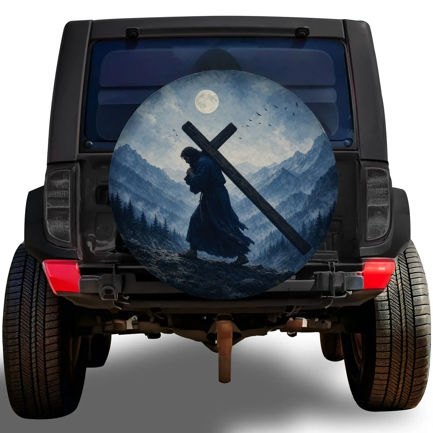 Cross Carrying Figure In Misty Mountain Moon Scene For Faithful RV Travelers And Campers Spare Tire Cover - 1