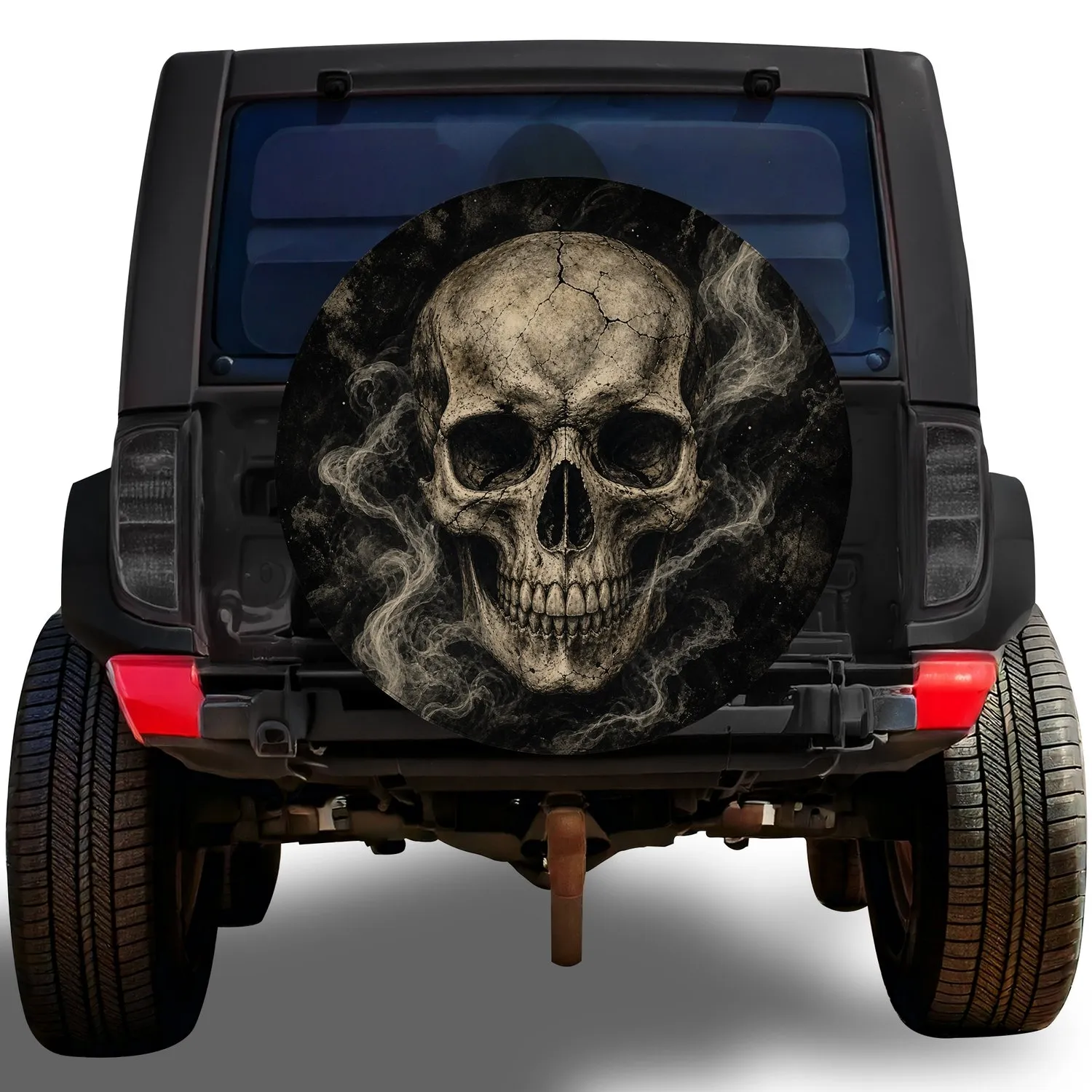 Smoky Gothic Skull With Gray Smoke For Dark Adventure Travel And Haunted Road Trip Style Spare Tire Cover - 1