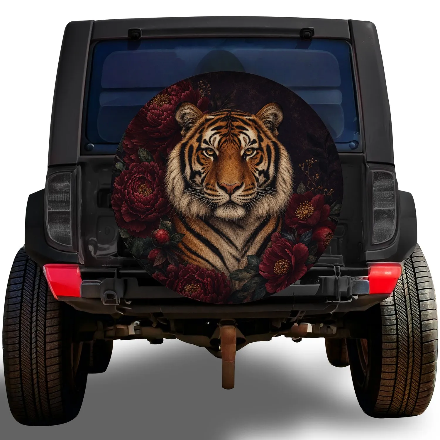 Majestic Bengal Tiger Portrait With Red Peonies For RV Camping Wildlife Lovers Gift Spare Tire Cover - 1
