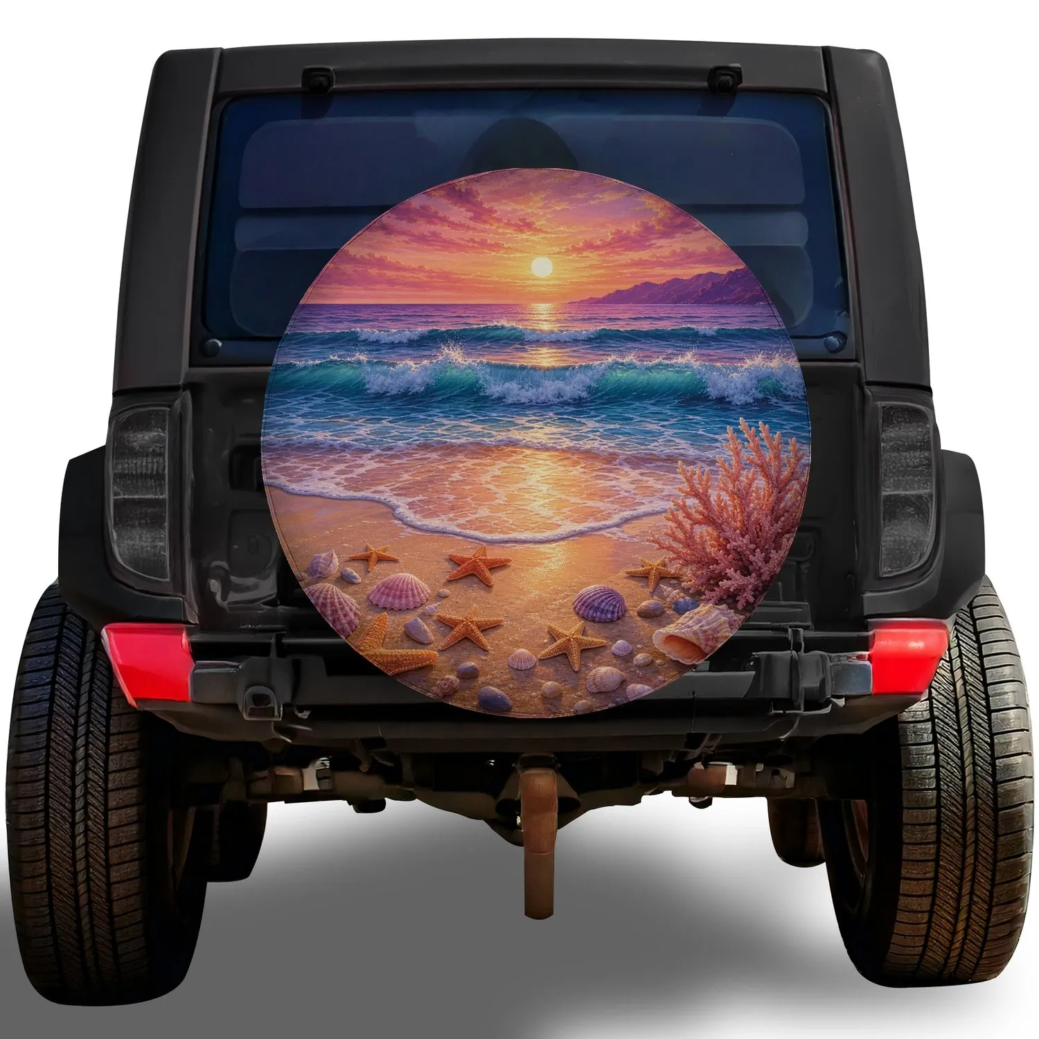Ocean Sunset Beach Shells And Starfish For Coastal RV Travel Weekend Getaways Spare Tire Cover - 1