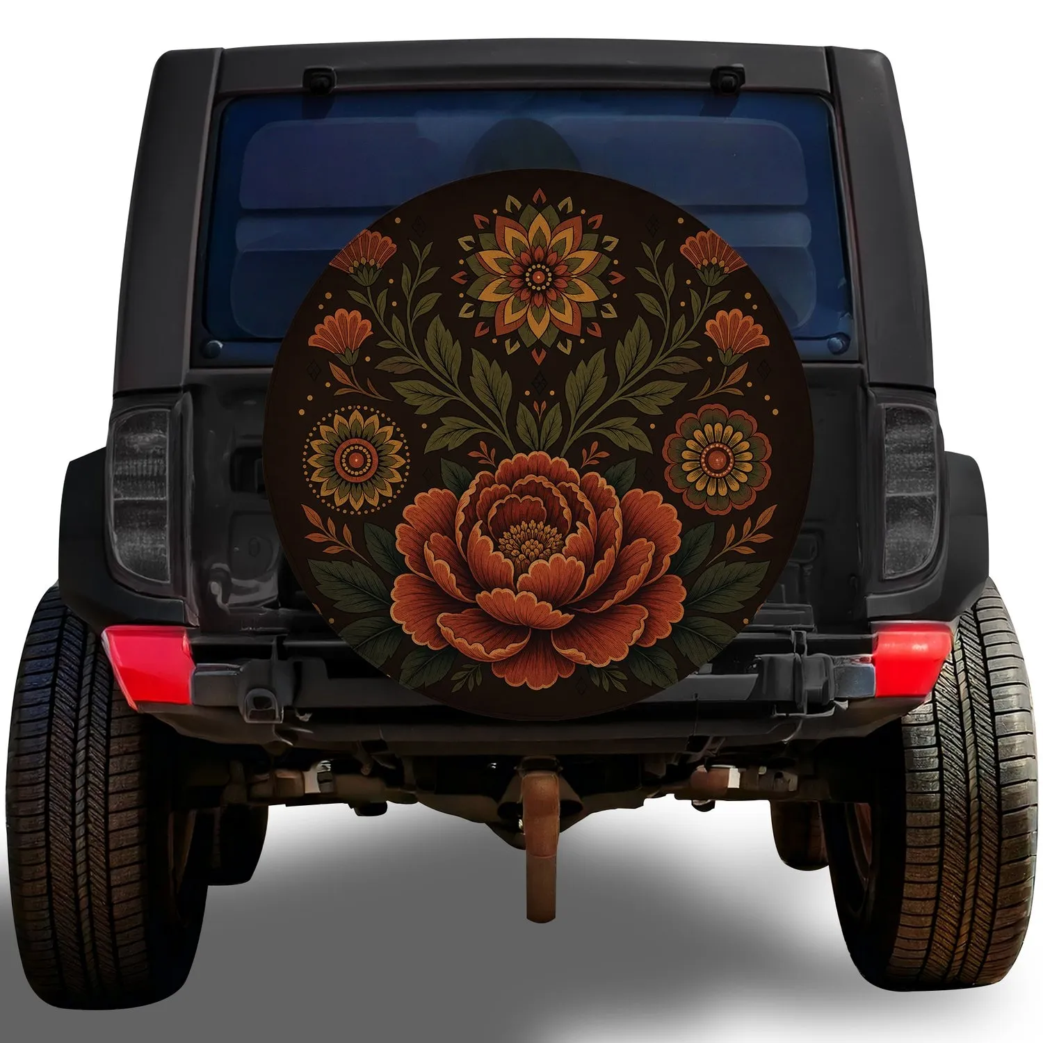 Rust Orange Peony And Folk Flowers For Boho RV Camping And Outdoor Road Adventures Spare Tire Cover - 1