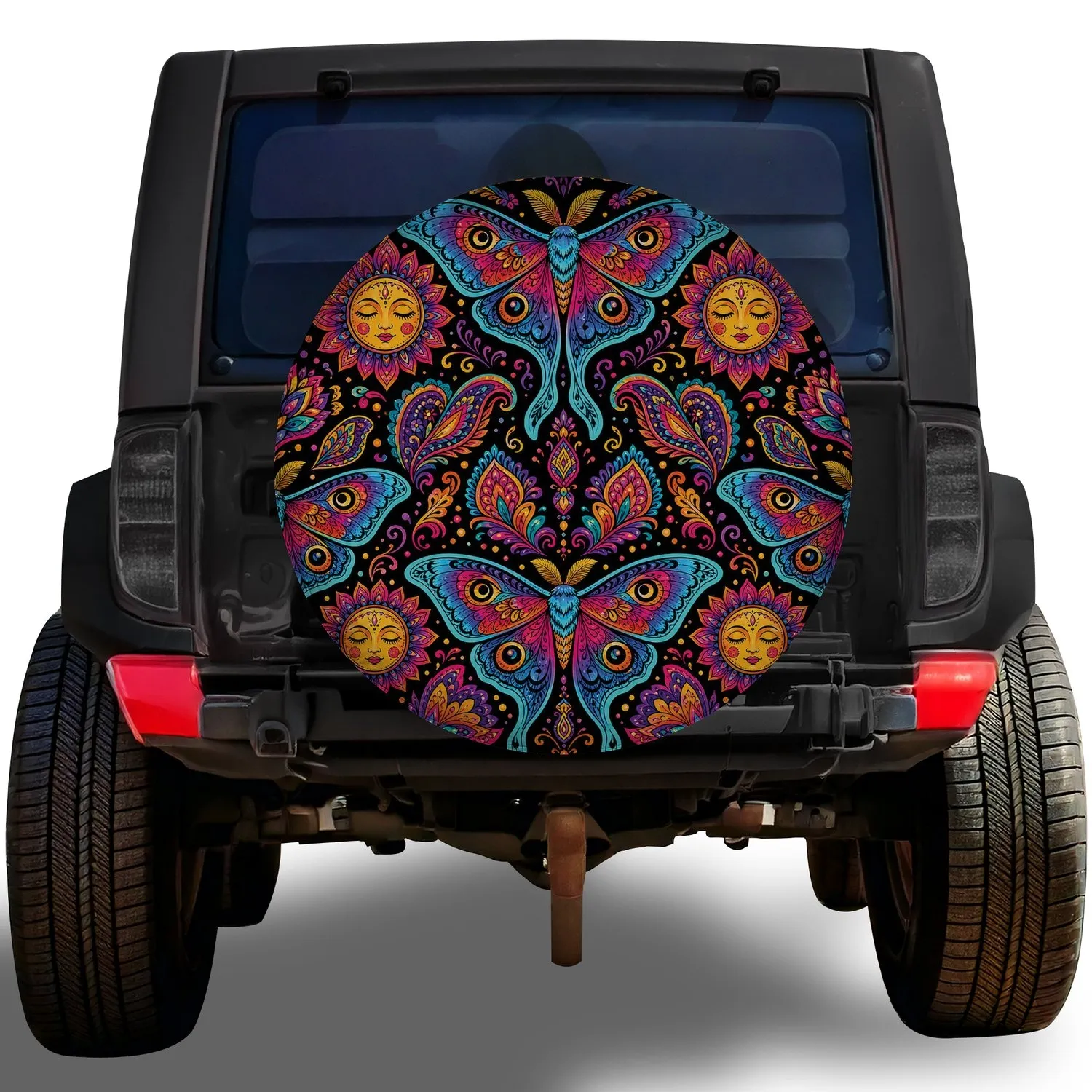 Colorful Luna Moth Celestial Folk Art for Boho Road Trips and Outdoor Adventure Lovers Spare Tire Cover - 1