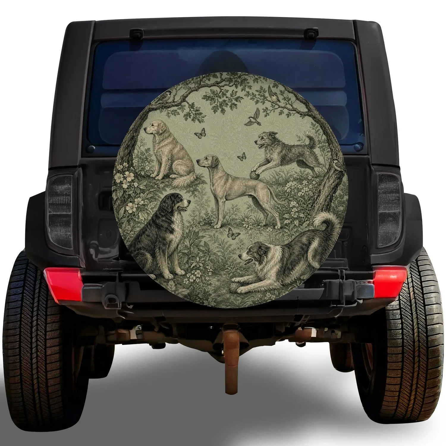 Sage Green Woodland Dogs, Birds And Butterflies For Outdoor RV Camping Pet Families Spare Tire Cover - 1