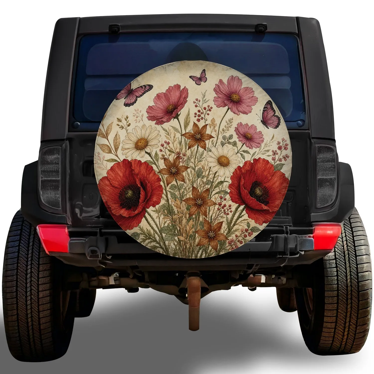 Watercolor Poppies Wildflowers And Butterflies For Boho RV Camping Garden Lovers Spare Tire Cover - 1