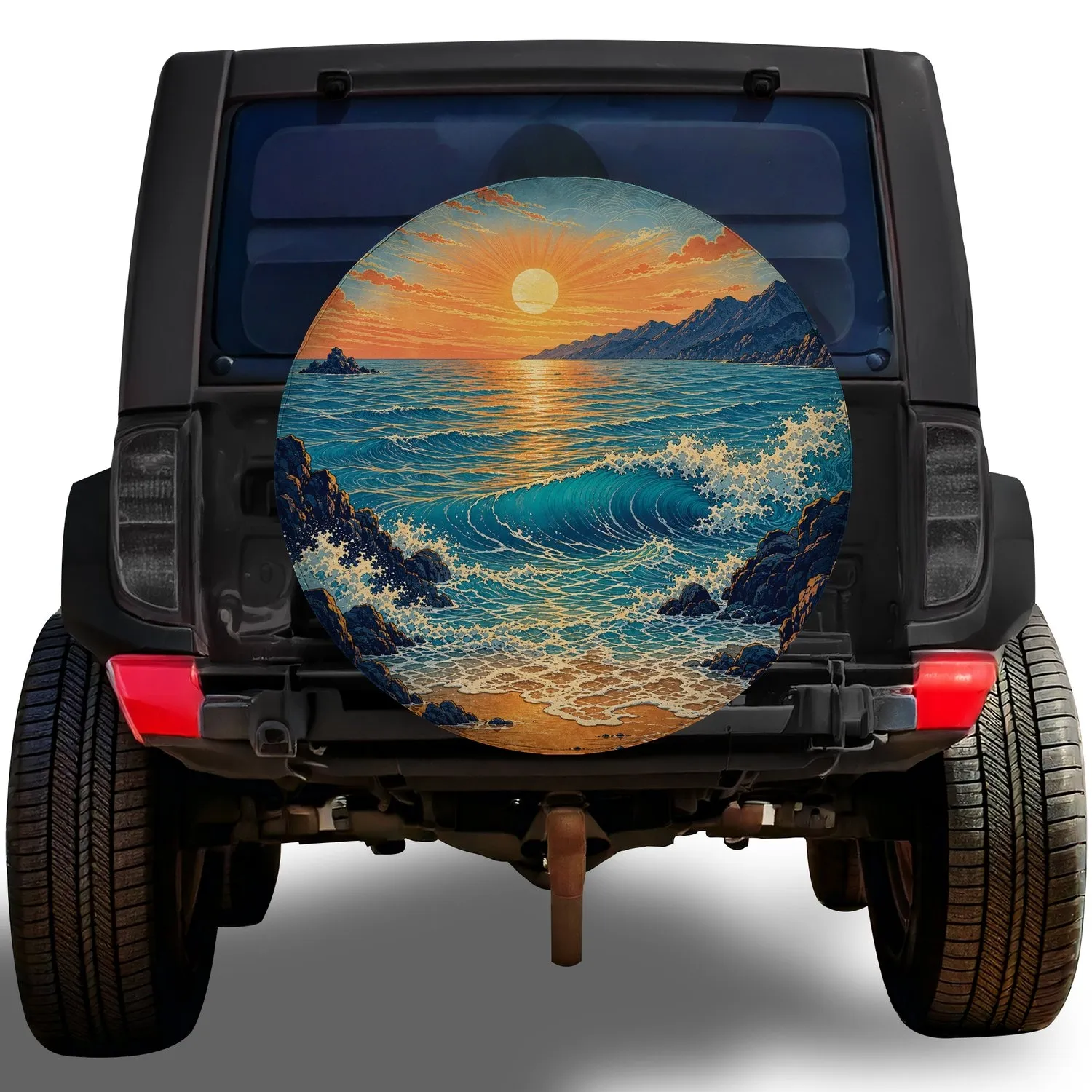 Sunset Ocean Waves And Rocky Coast For Coastal Road Trip Adventure Enthusiasts Fans Spare Tire Cover - 1