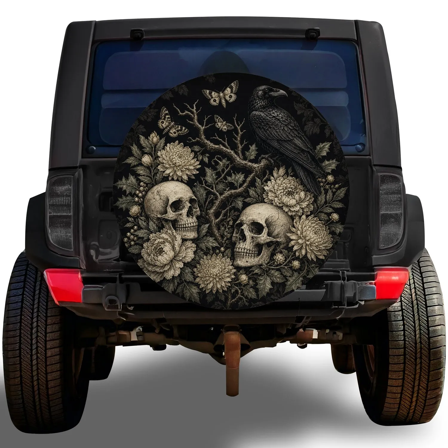 Gothic Raven Skulls And Floral Moths For Dark Cottagecore Halloween Travel Spare Tire Cover - 1
