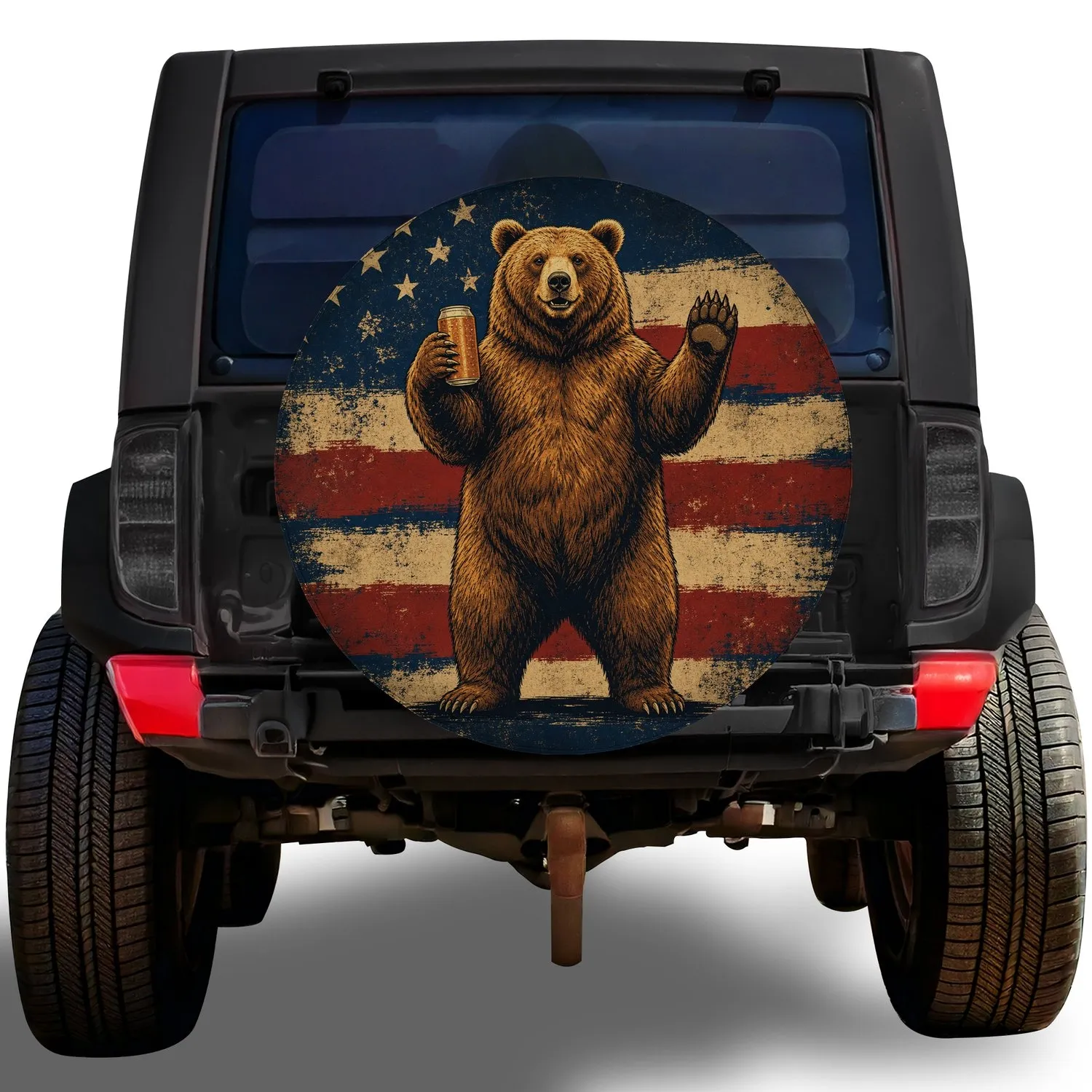 Vintage American Brown Bear With Can For Patriotic Camping And Off Road Adventures Spare Tire Cover - 1