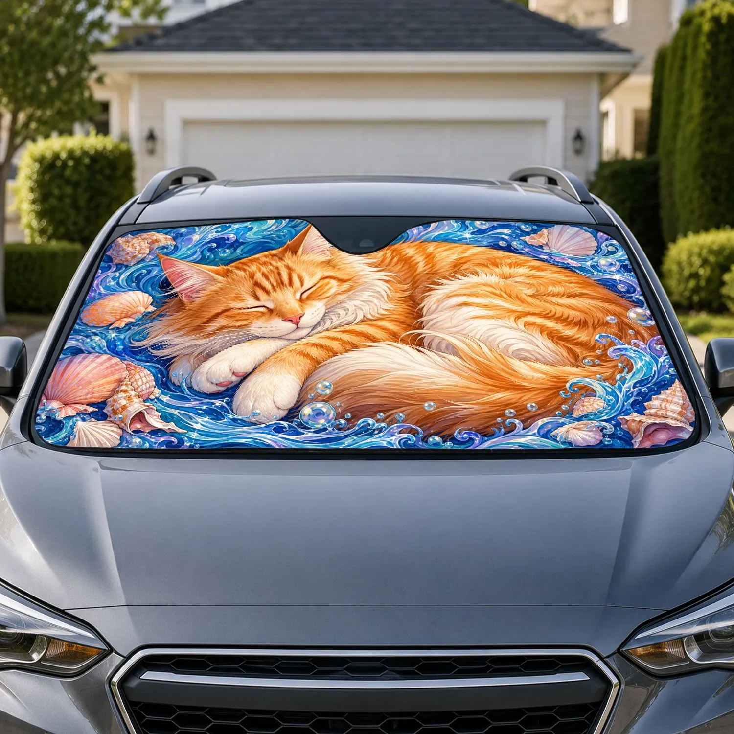Sleeping Orange Tabby Cat Ocean Waves For Beach Lovers And Coastal Road Trips Car Sunshade - 1