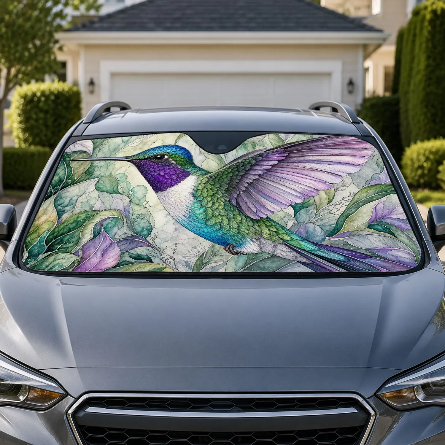 Watercolor Hummingbird With Violet Wings And Botanical Leaves For Summer Driving Car Sunshade - 1
