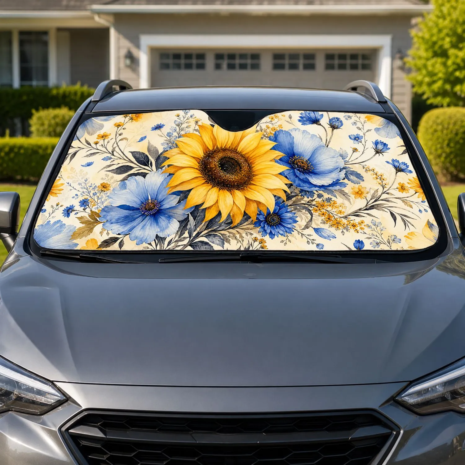 Sunflower And Blue Floral Watercolor for Summer Road Trips and Garden Lovers Gift Car Sunshade - 1