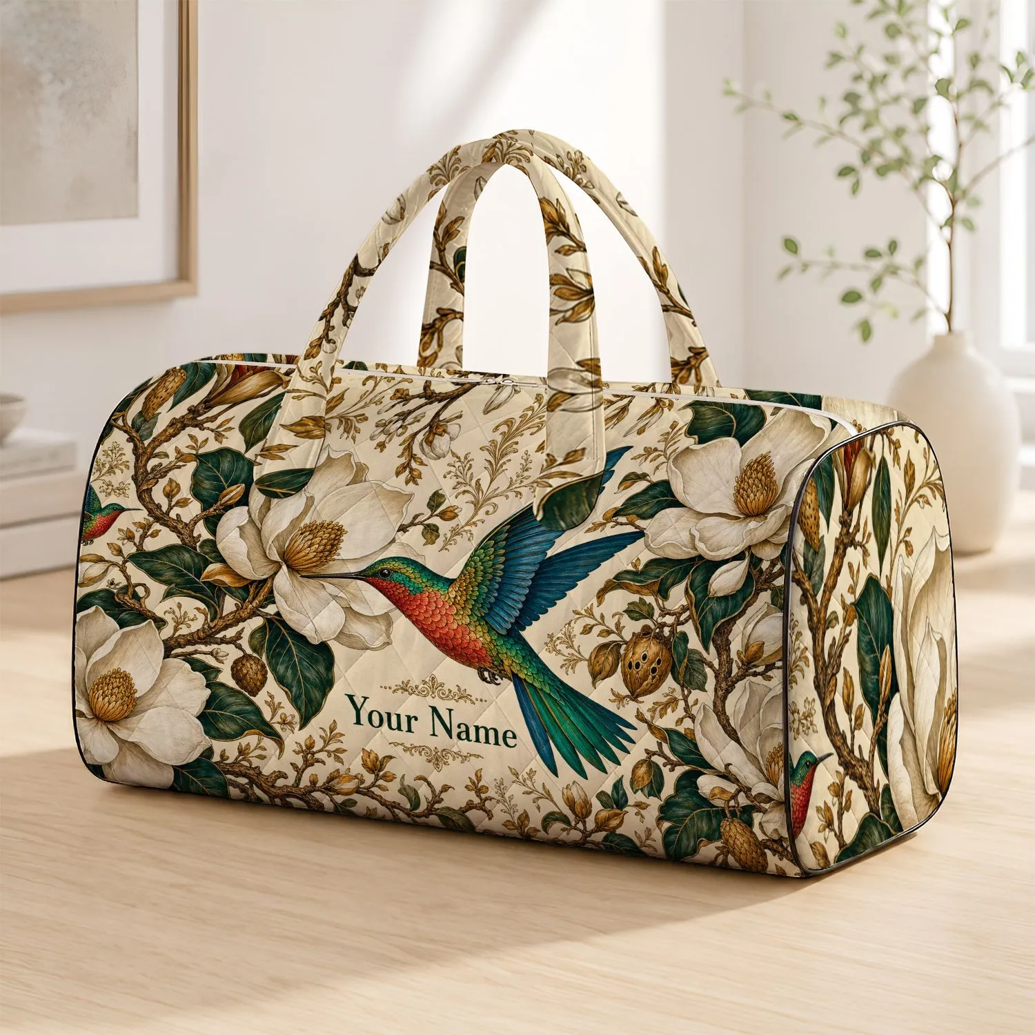 Hummingbird Magnolia Floral Travel Essential for Nature Lovers and Weekend Getaways Quilted Weekend Bag - 1