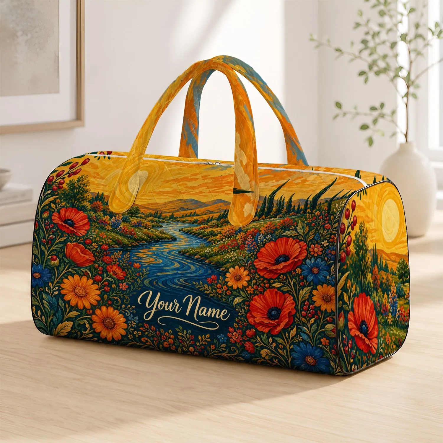 Golden Sunset River Garden With Wildflowers for Travel Getaways and Flower Lovers Quilted Weekend Bag - 1
