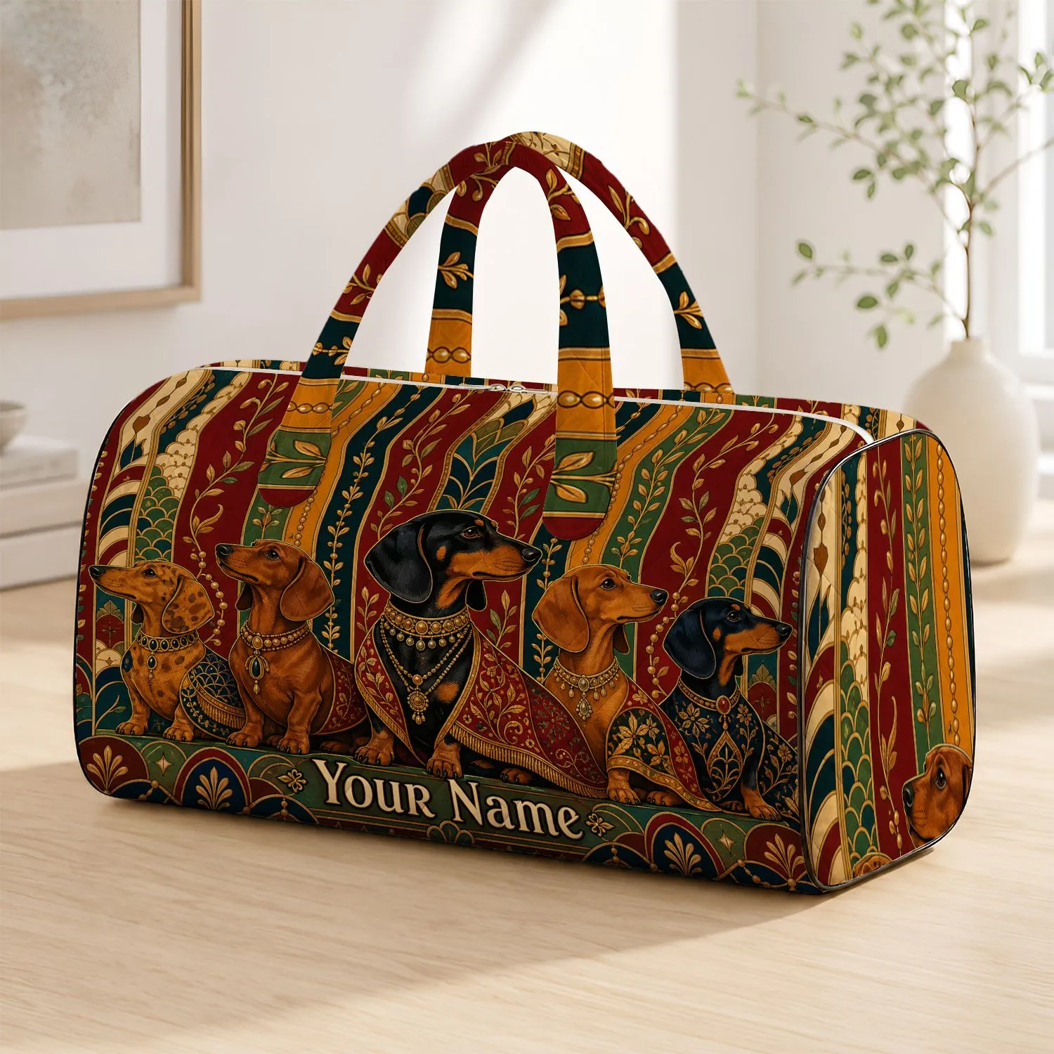 Art Deco Dachshund Jewelry Parade For Vintage Travel, Weekend Escapes And Dog Lovers Quilted Weekend Bag - 1