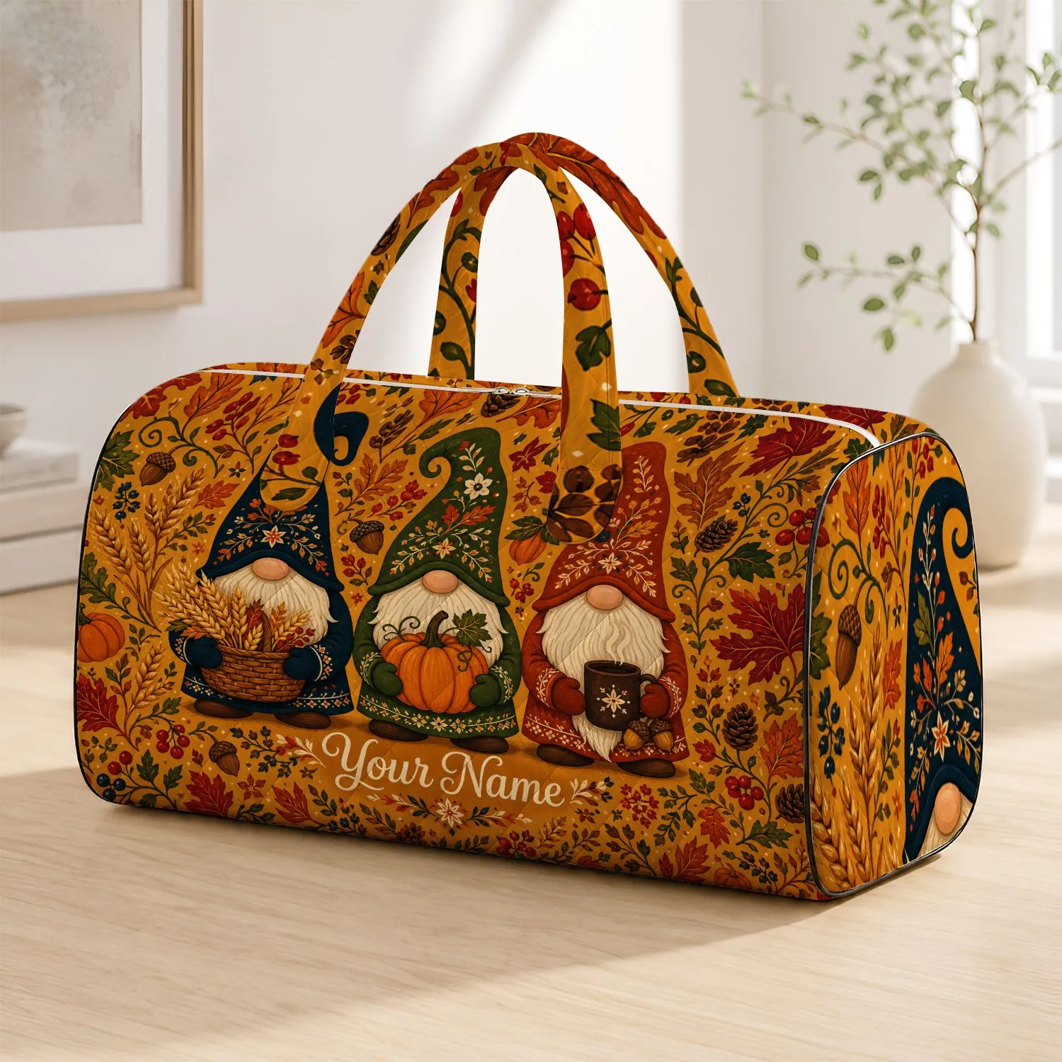 Nordic Autumn Gnomes With Pumpkin And Coffee For Fall Travel And Harvest Festival Trips Quilted Weekend Bag - 1