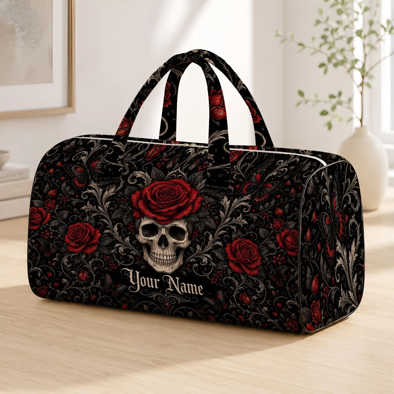Gothic Skull And Crimson Roses For Travel, Overnight Escapes And Dark Floral Fans Quilted Weekend Bag - 1