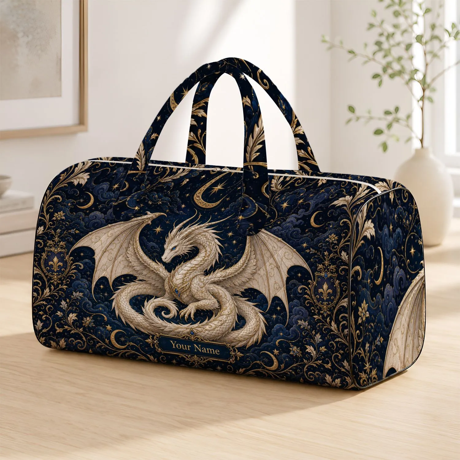 Ivory Celestial Dragon Navy Gold Travel Accessory for Fantasy Lovers and Getaways Quilted Weekend Bag - 1