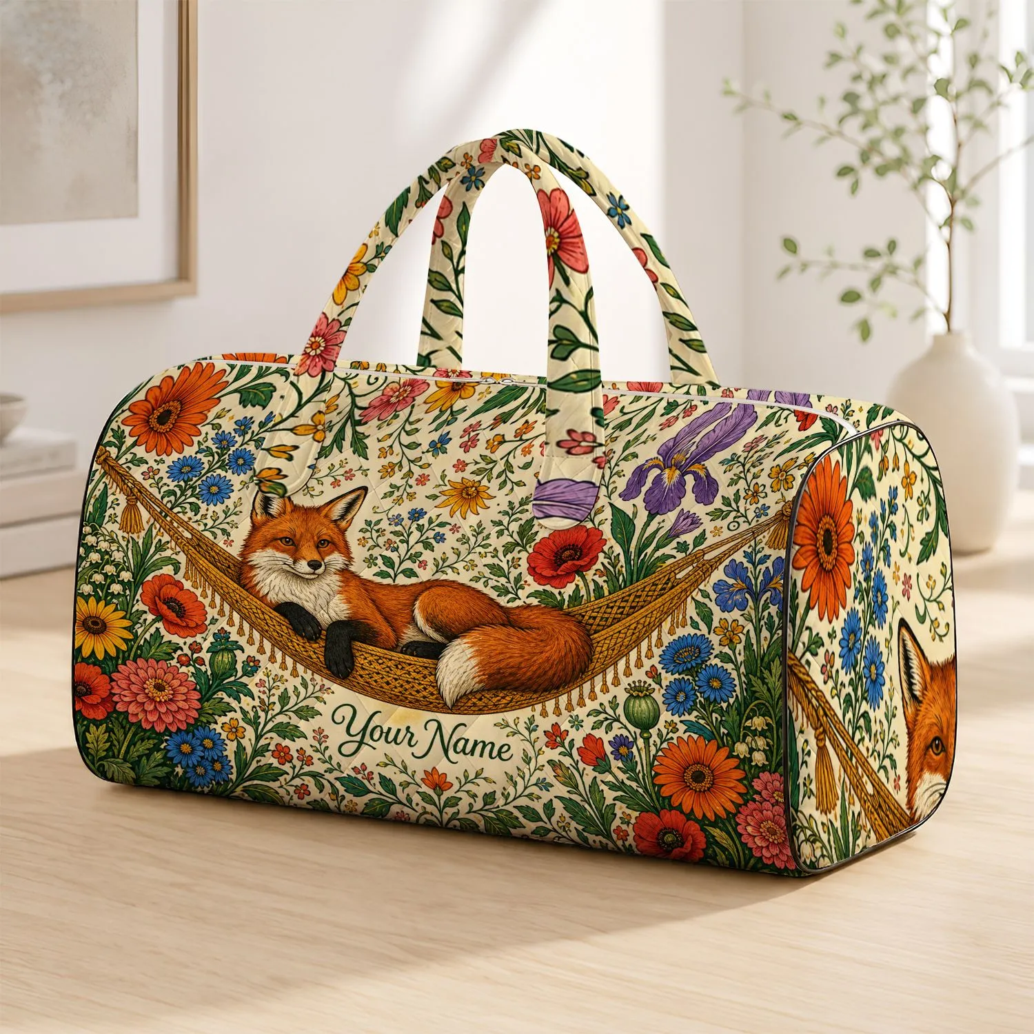 Relaxed Fox In Floral Hammock For Travel Getaways And Everyday Adventures Nature Lovers Quilted Weekend Bag - 1