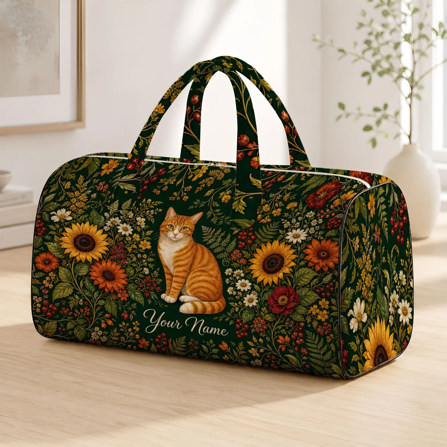 Orange Tabby Cat With Sunflowers For Travel, Sleepovers And Garden Gift And Nature Lovers Quilted Weekend Bag - 1