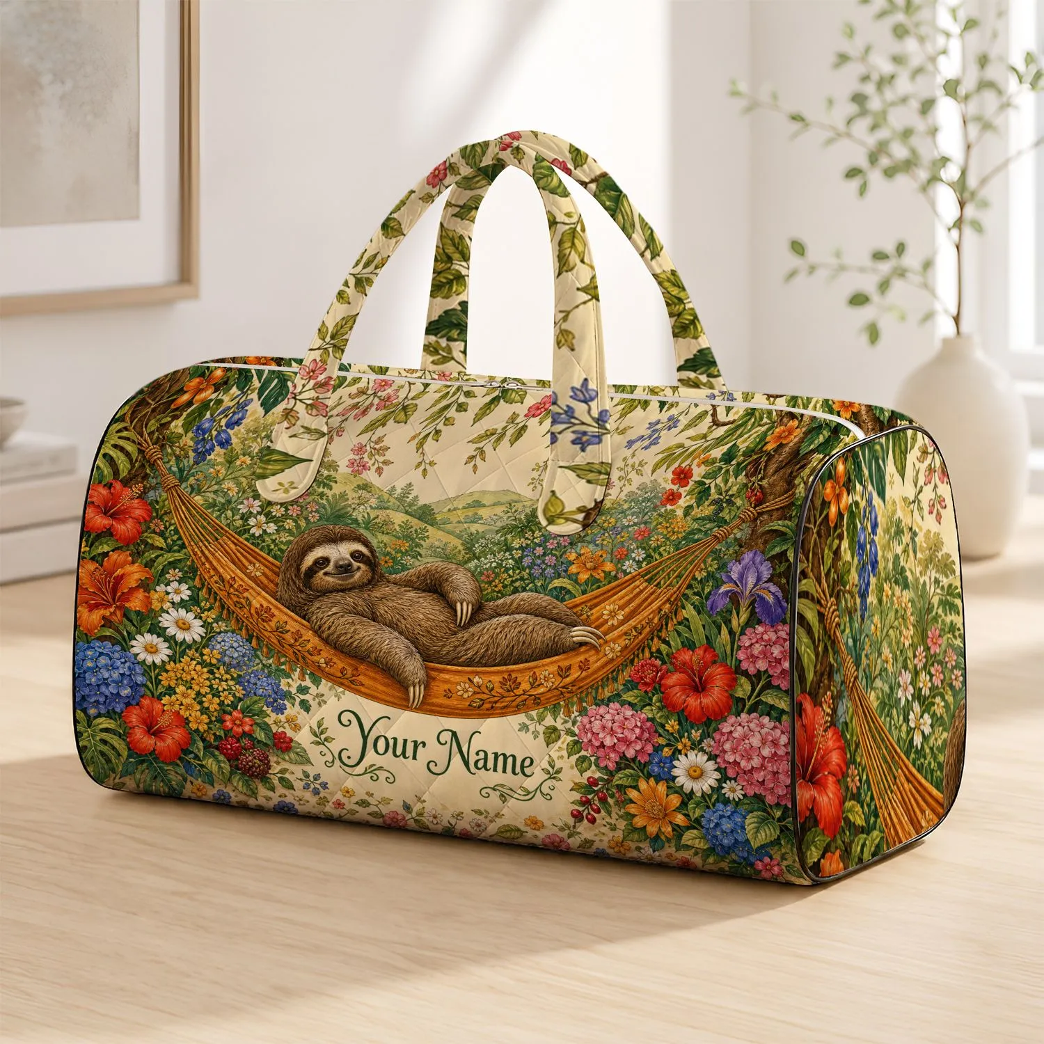 Botanical Sloth In Golden Hammock Floral Garden Getaway Travel Gift For Nature Lovers Quilted Weekend Bag - 1