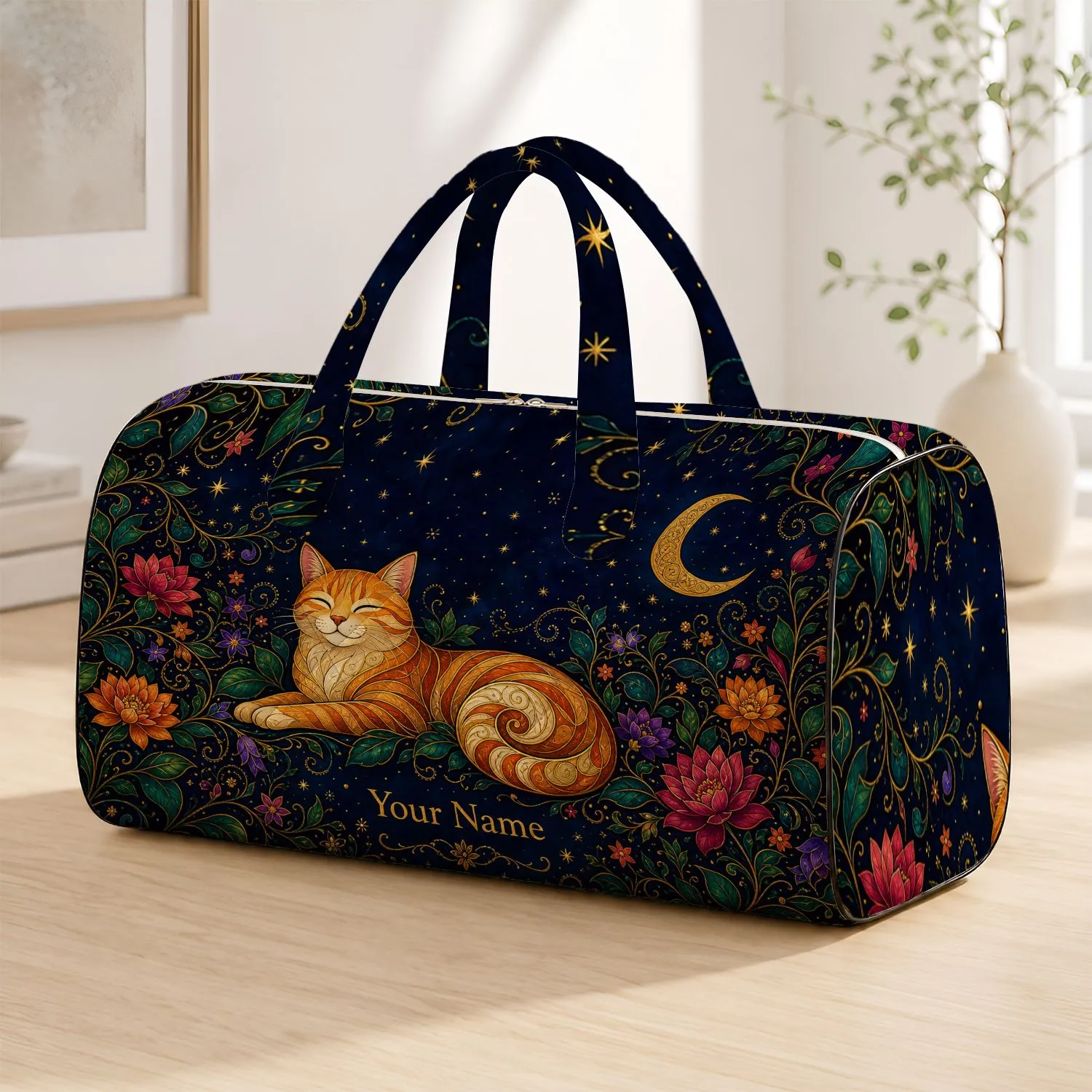 Celestial Tabby Cat Moon And Floral Overnight Travel Companion For Night Garden Lovers Quilted Weekend Bag - 1