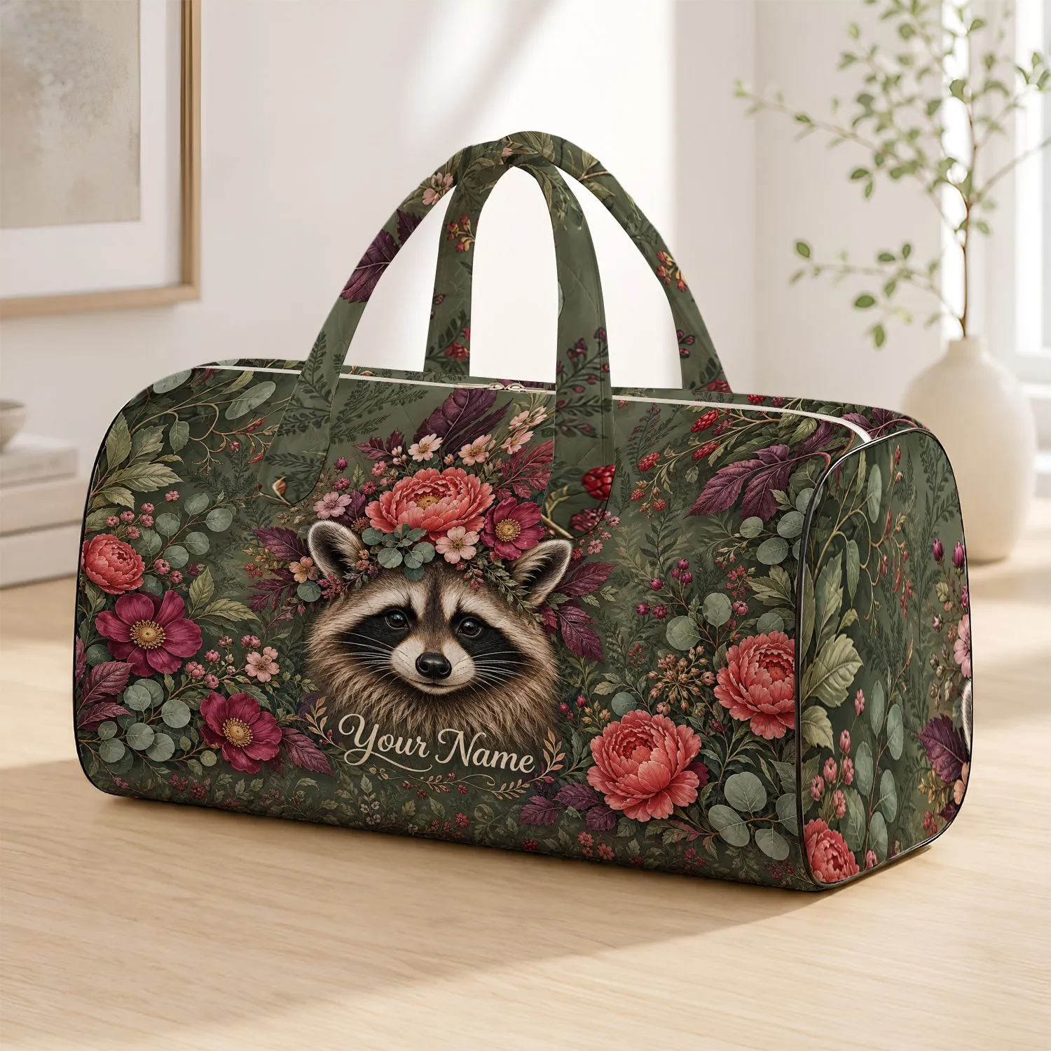 Floral Crown Raccoon With Peonies Sage Botanical Travel Essential for Nature Lovers Quilted Weekend Bag - 1