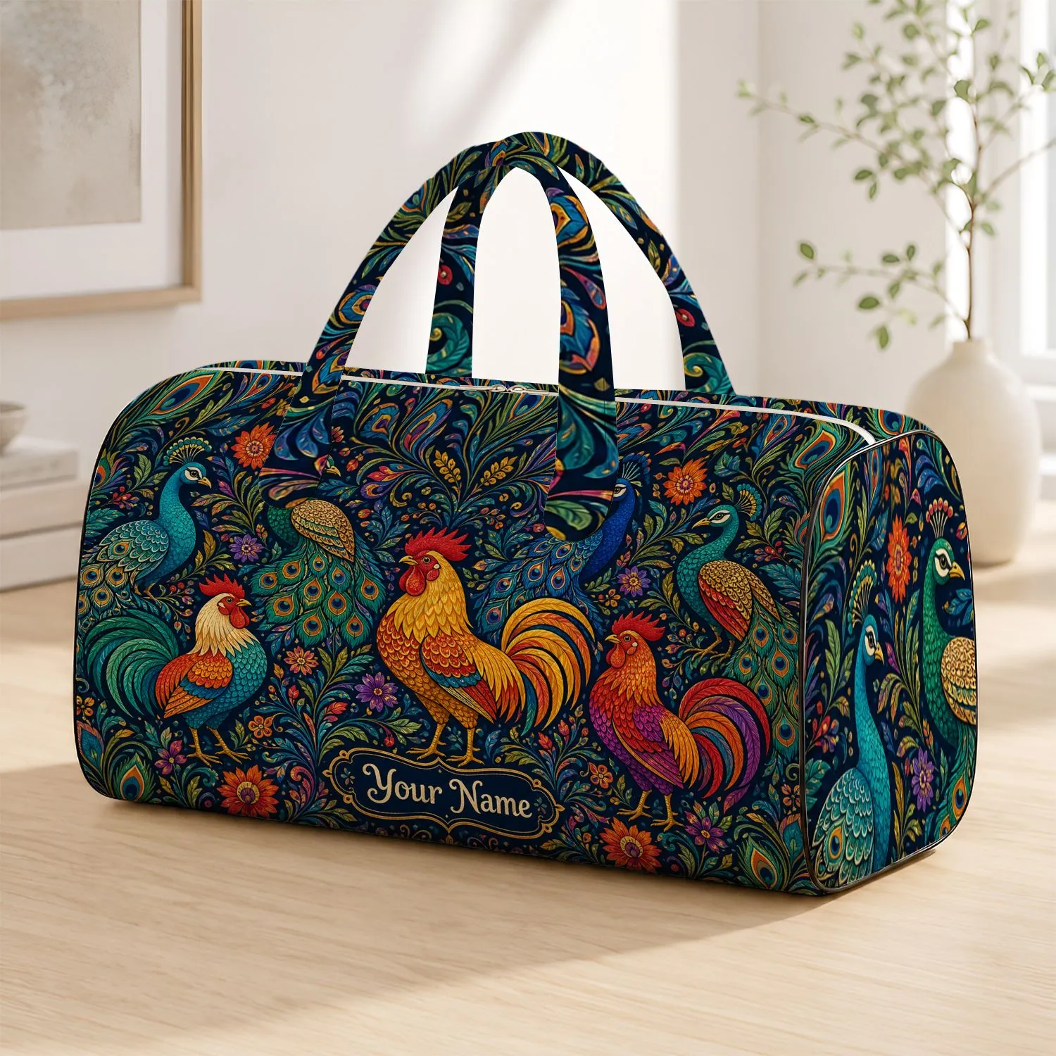 Rooster And Peacock Garden Travel Essential For Colorful Getaways And Daily Adventures Quilted Weekend Bag - 1