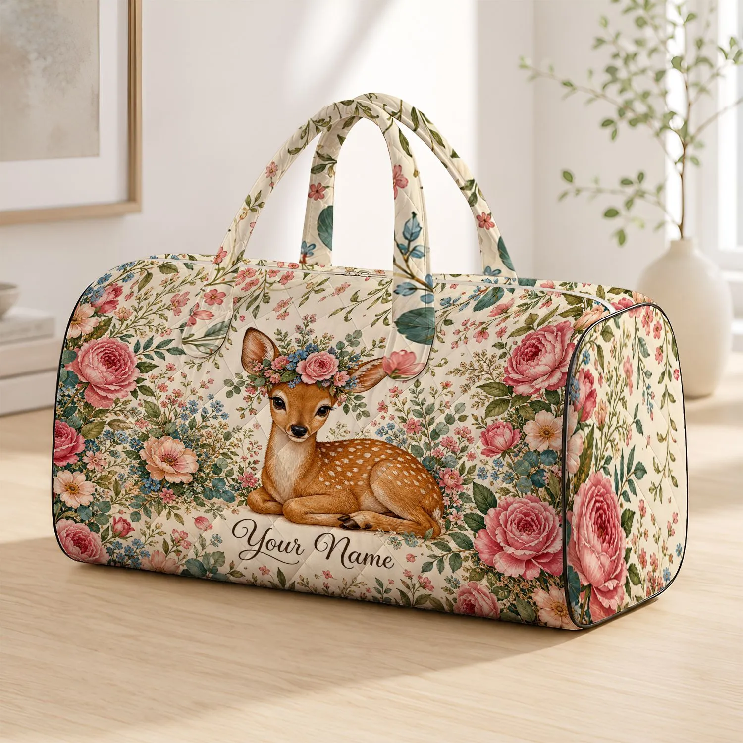 Botanical Floral Fawn With Roses For Chic Garden Getaways And Bridal Shower Gifts Quilted Weekend Bag - 1