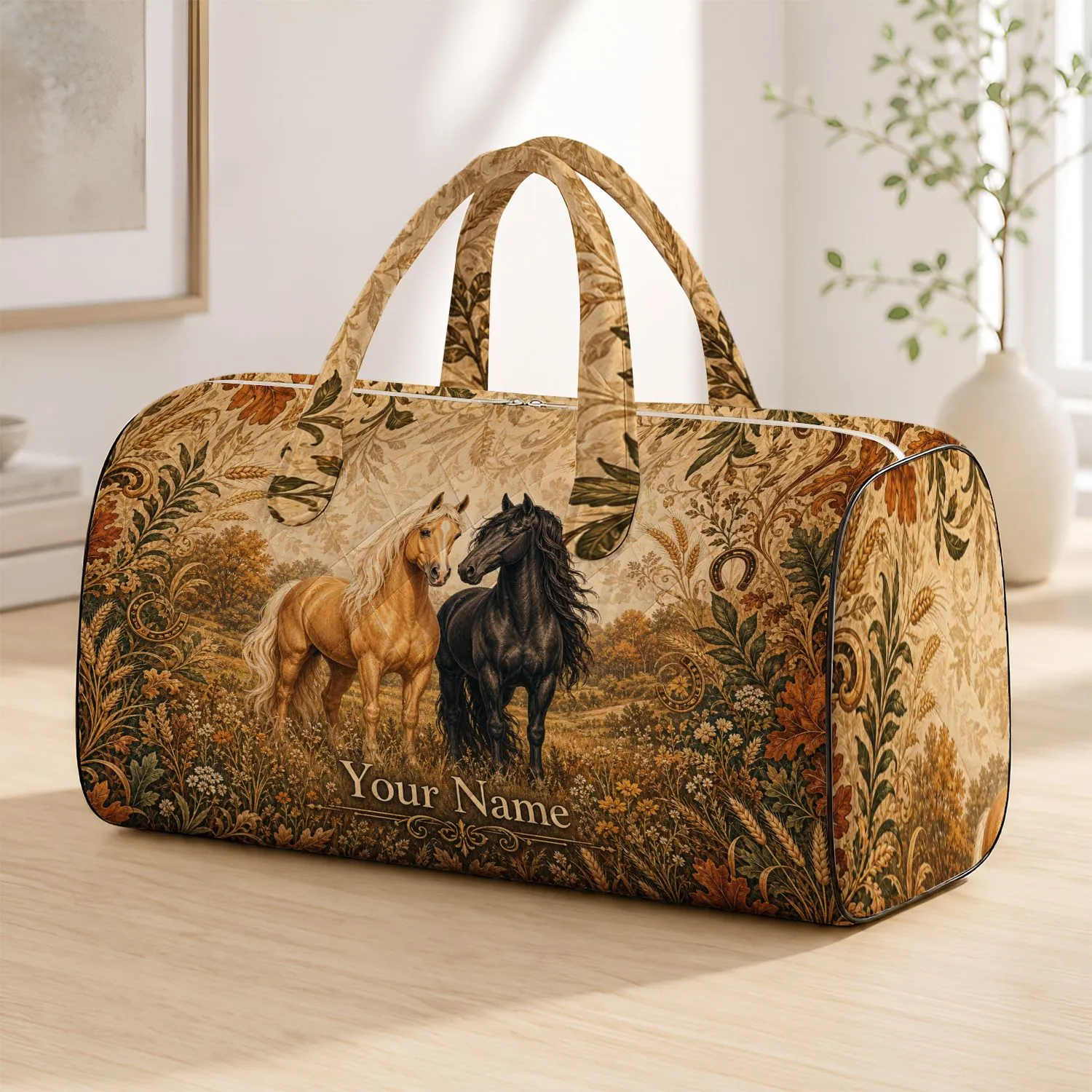 Golden And Black Horses Autumn Meadow Style Getaway For Equestrian Lovers With Name Quilted Weekend Bag - 1